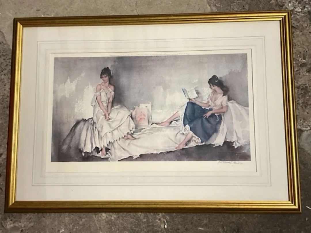 William Russell Flint, coloured print, two women on a studio sofa