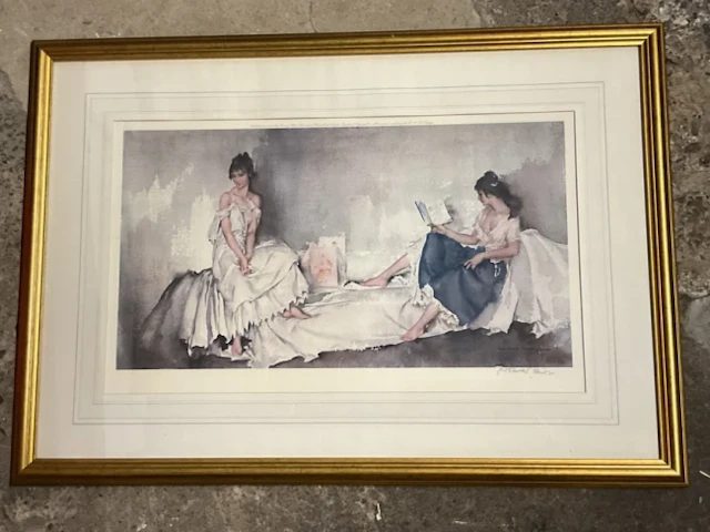 William Russell Flint, coloured print, two women on a studio sofa