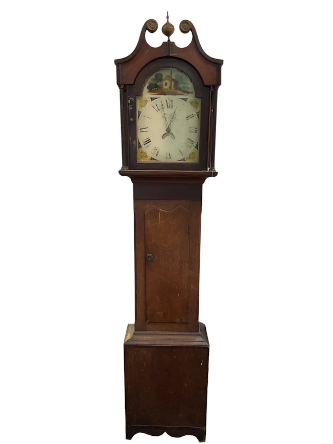 A nineteenth century oak longcase clock with swan neck pediment above