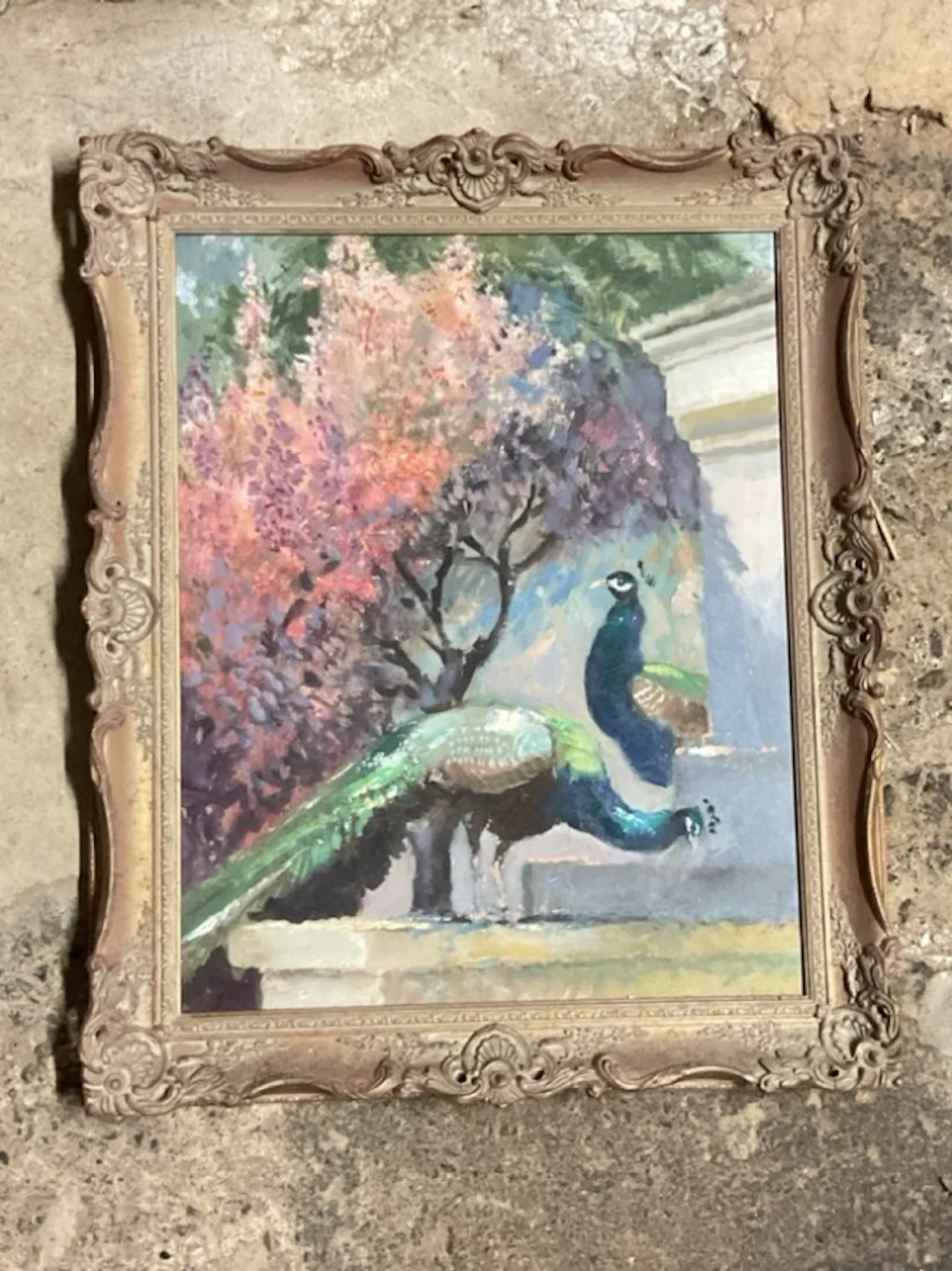 John Thomas Young Gilroy, oil on hardboard, a pair of peacocks on