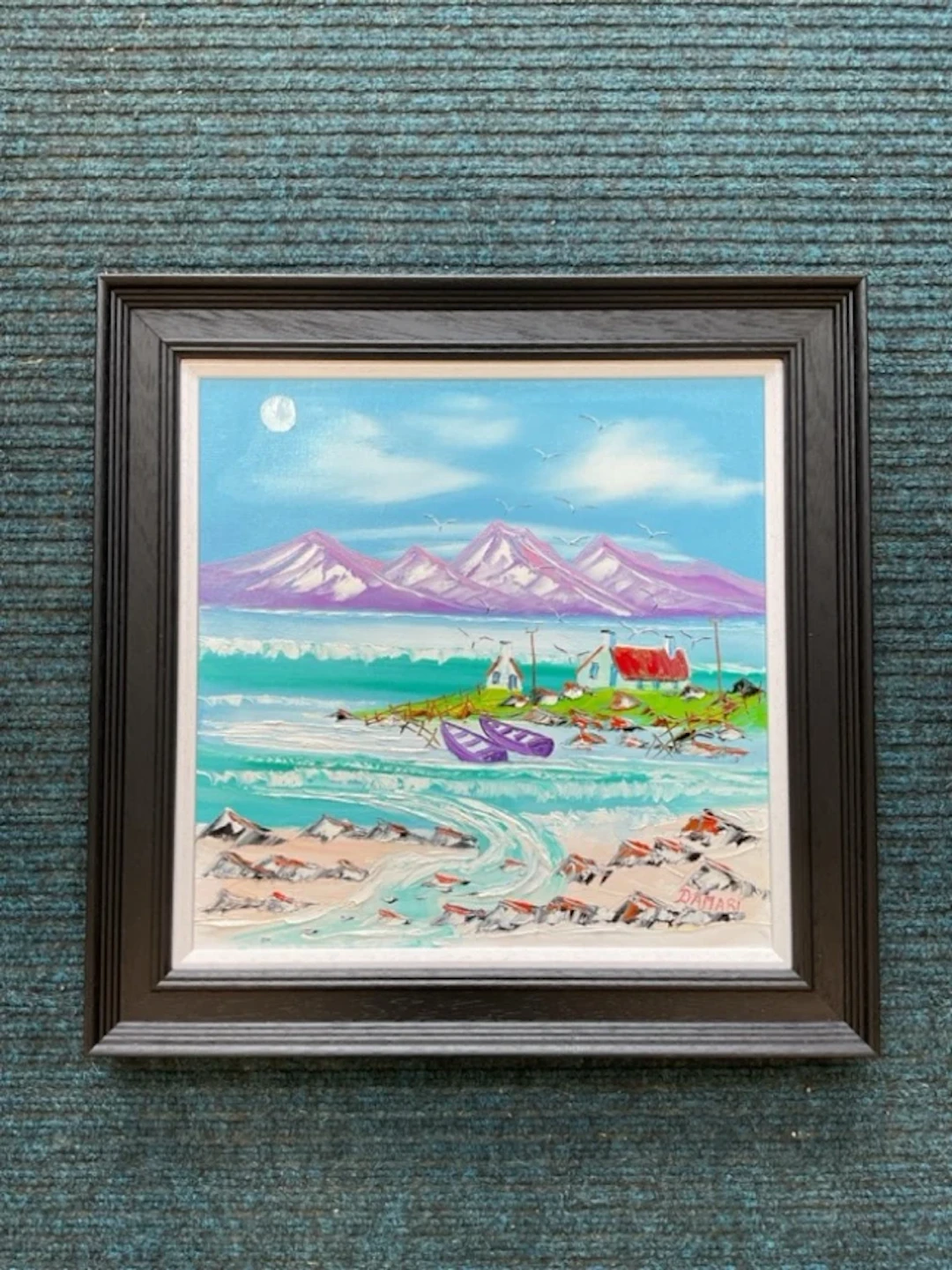 John Damari, oil on canvas, coastal scene with boats tied to promentry