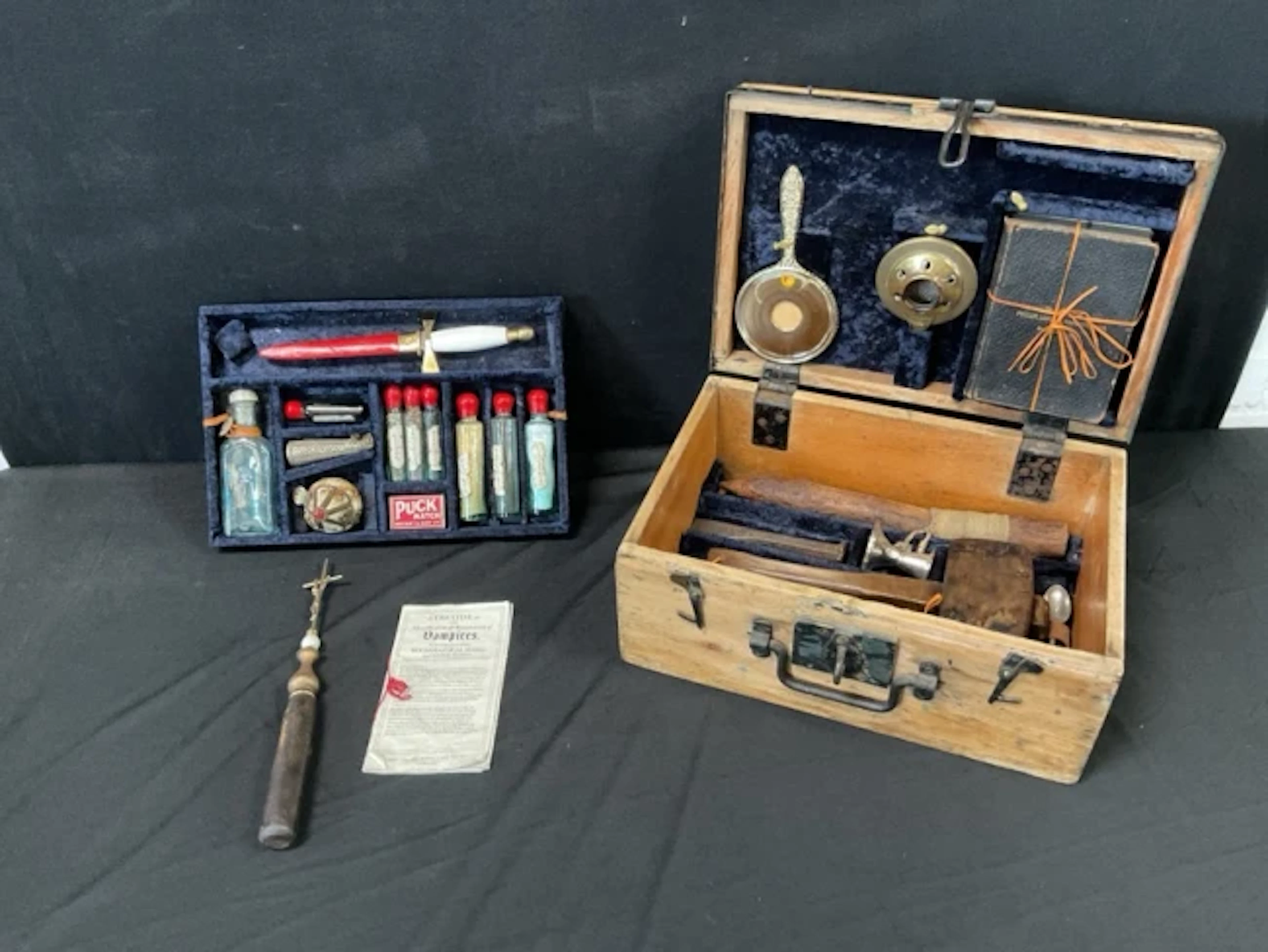A vampire killing kit, the fitted box containing mirror, bible, vials