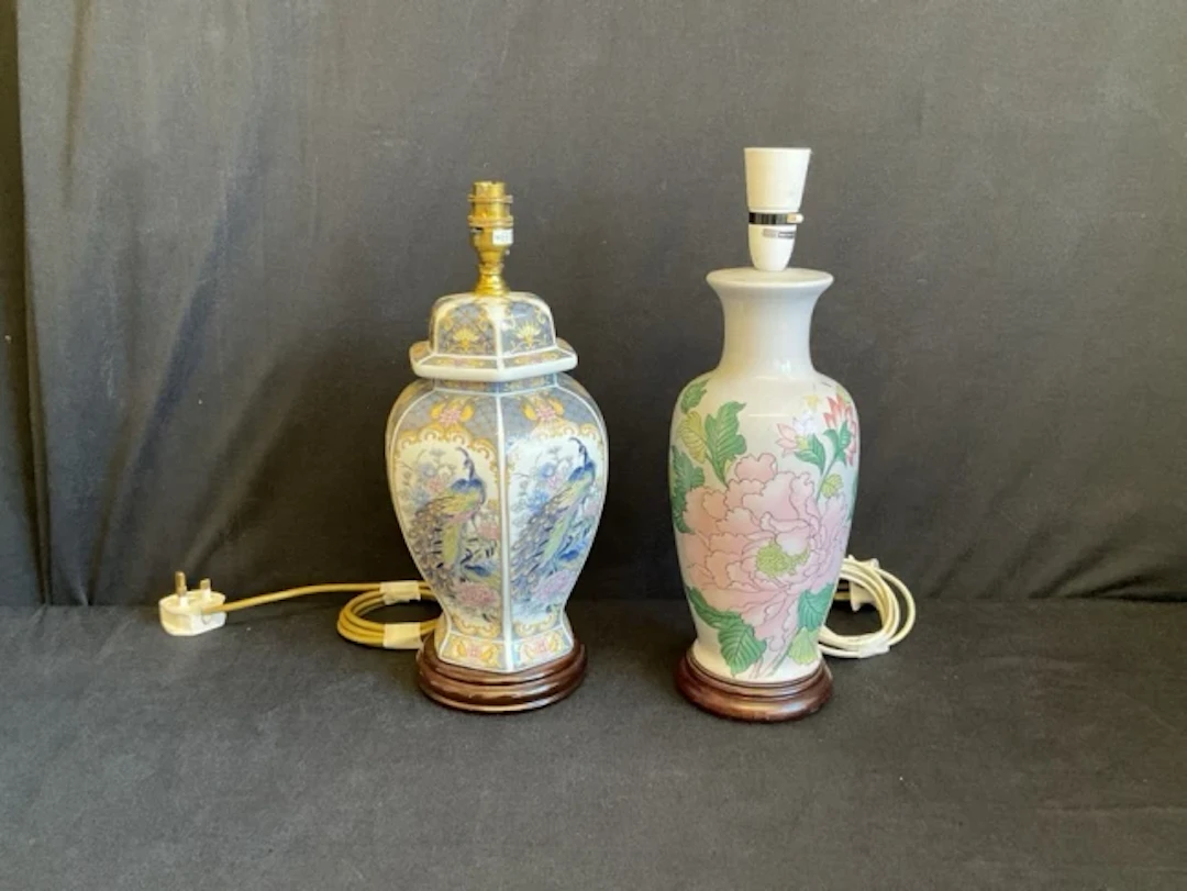 A Chinese style hexagonal covered baluster form ceramic tablelamp