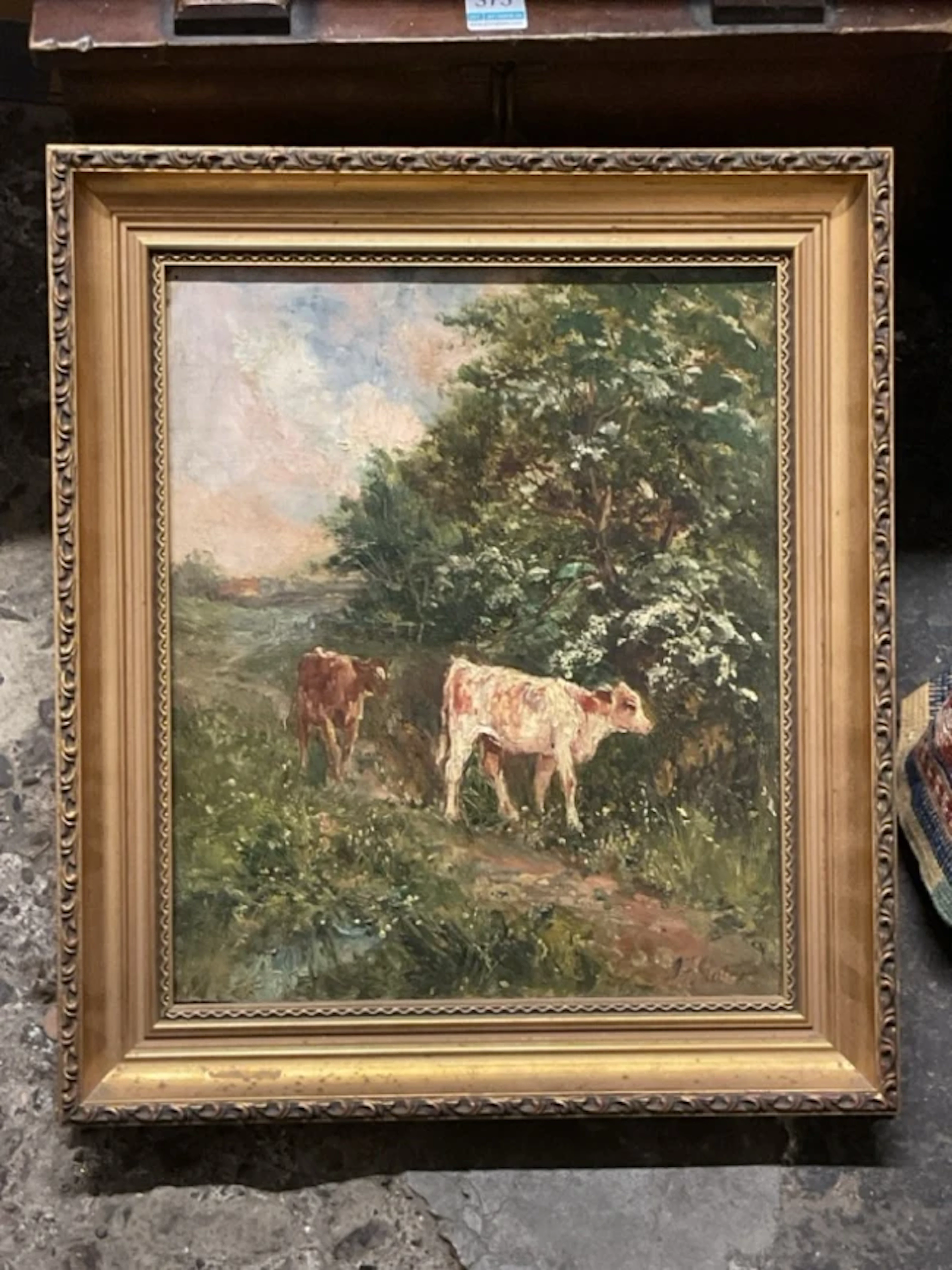 John Falconar Slater, oil on canvas, two calves on a track by a hedgerow