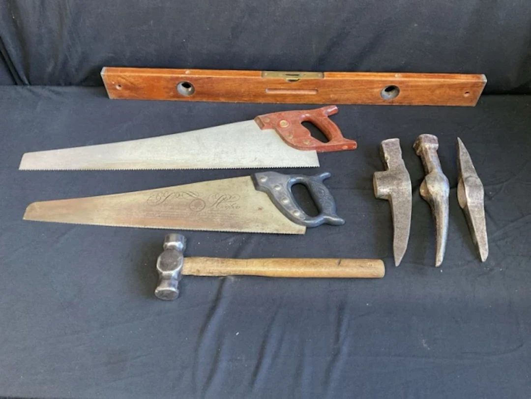Miscellaneous tools including a 36in mahogany J Rabone & Sons spirit