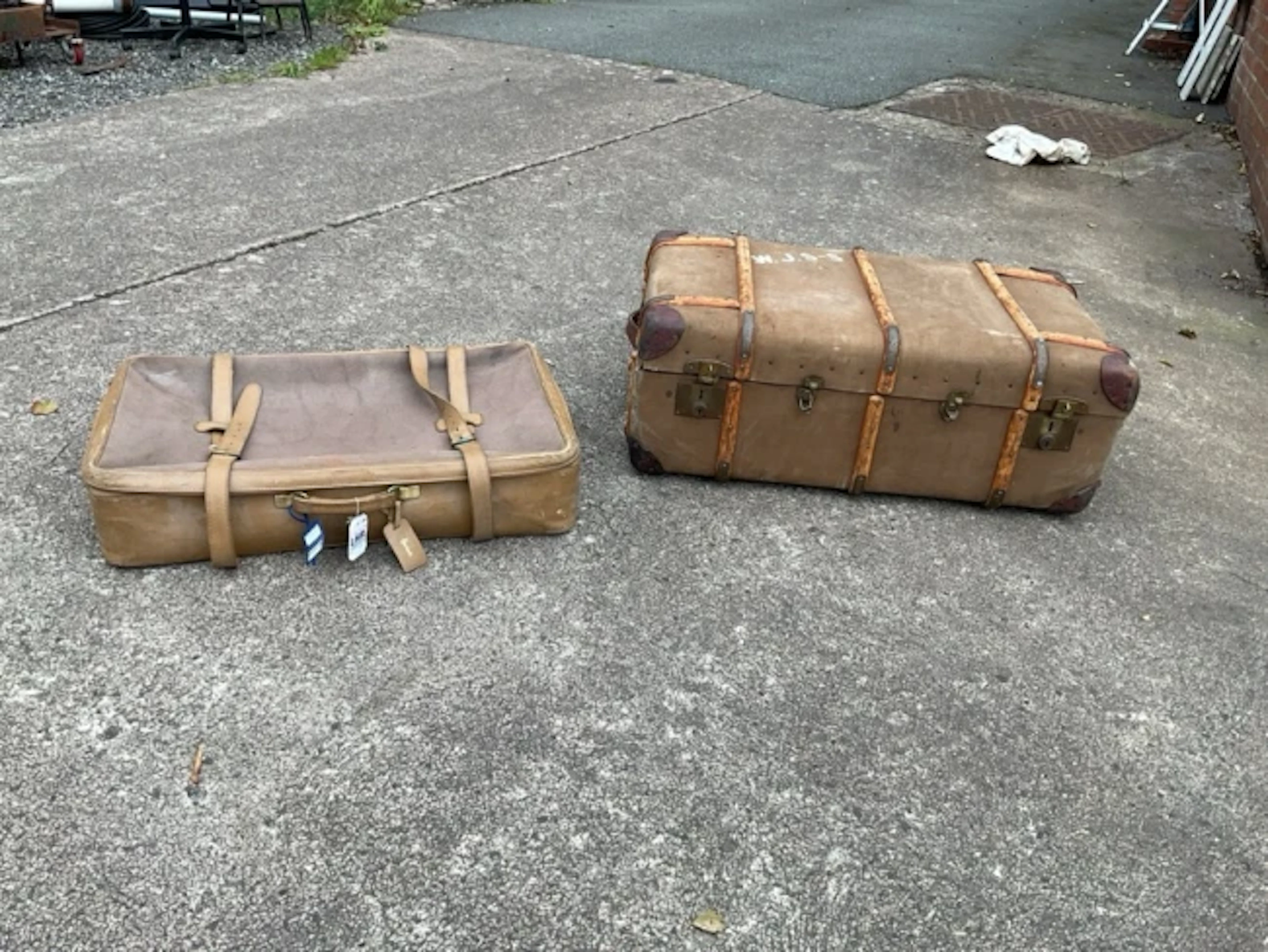 An old school type Pakawa trunk with brass mounts, wood bandings and