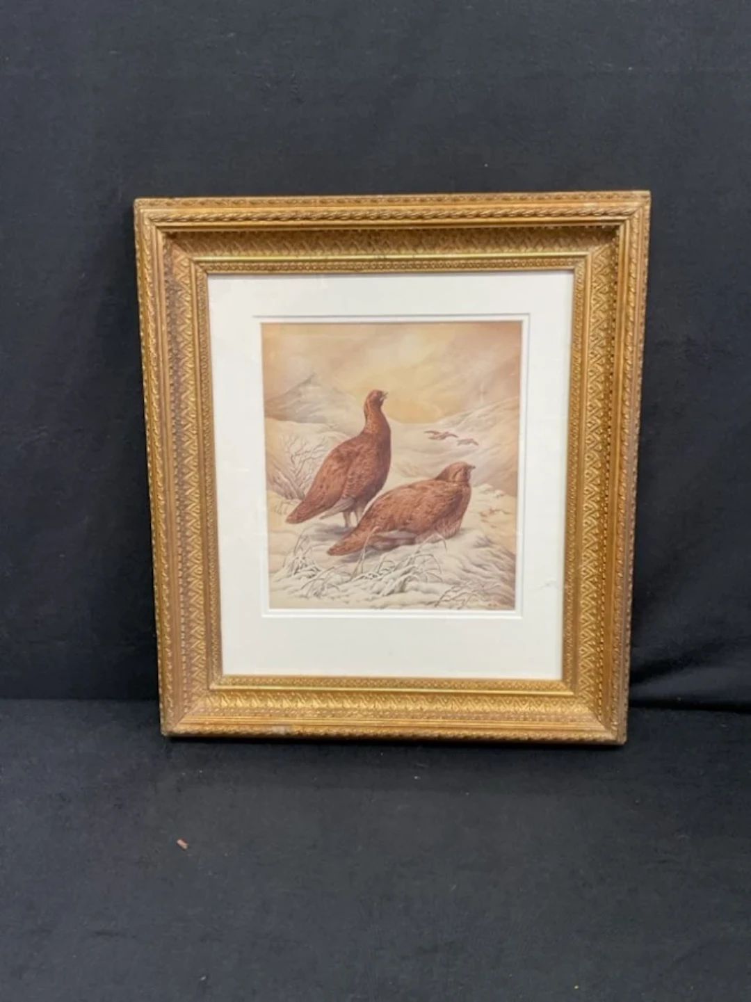 John Duncan, watercolour, a pair of red grouse in a snowy landscape