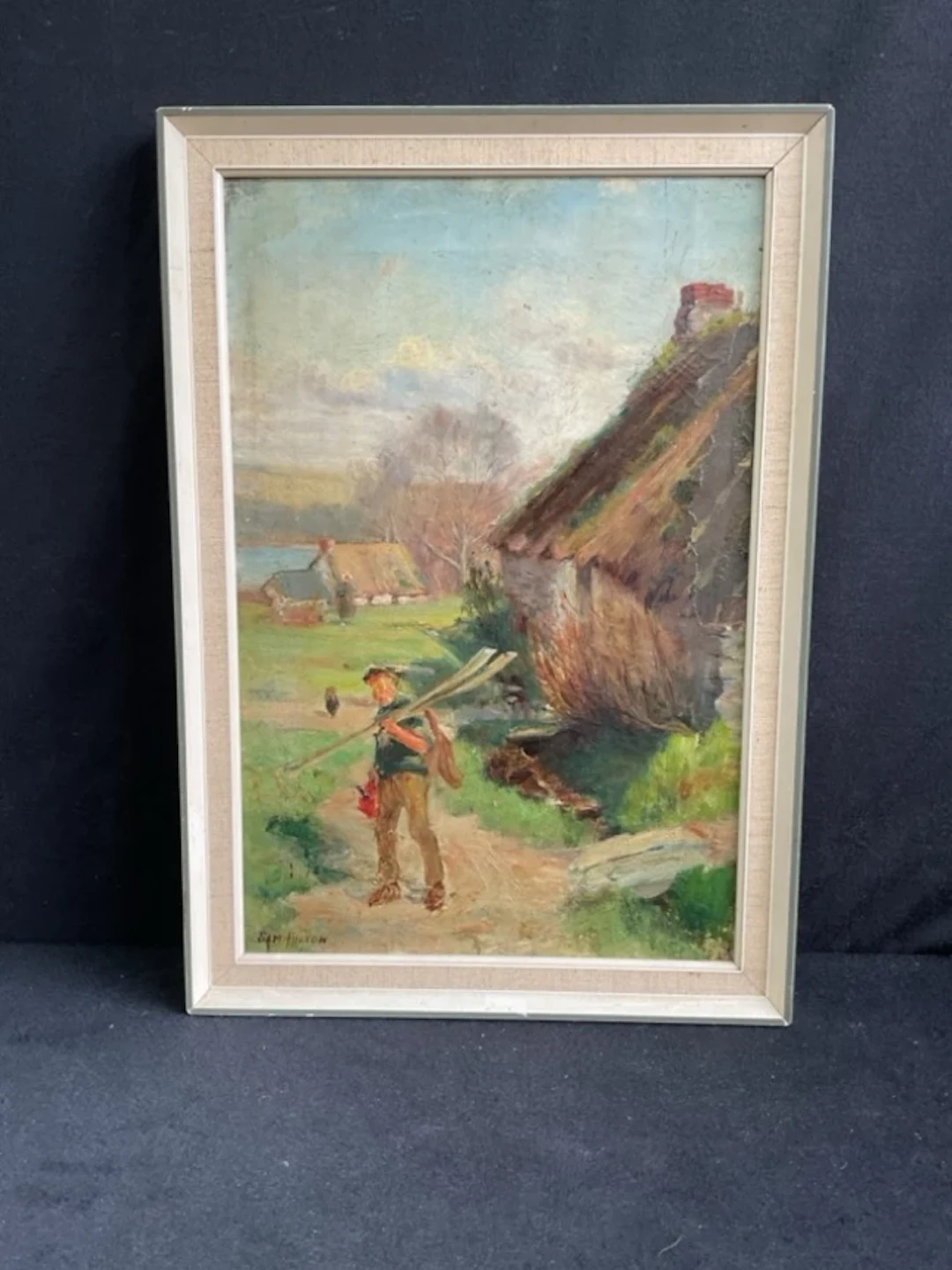 Sam Fulton, oil on canvas, landscape with thatched cottages and a
