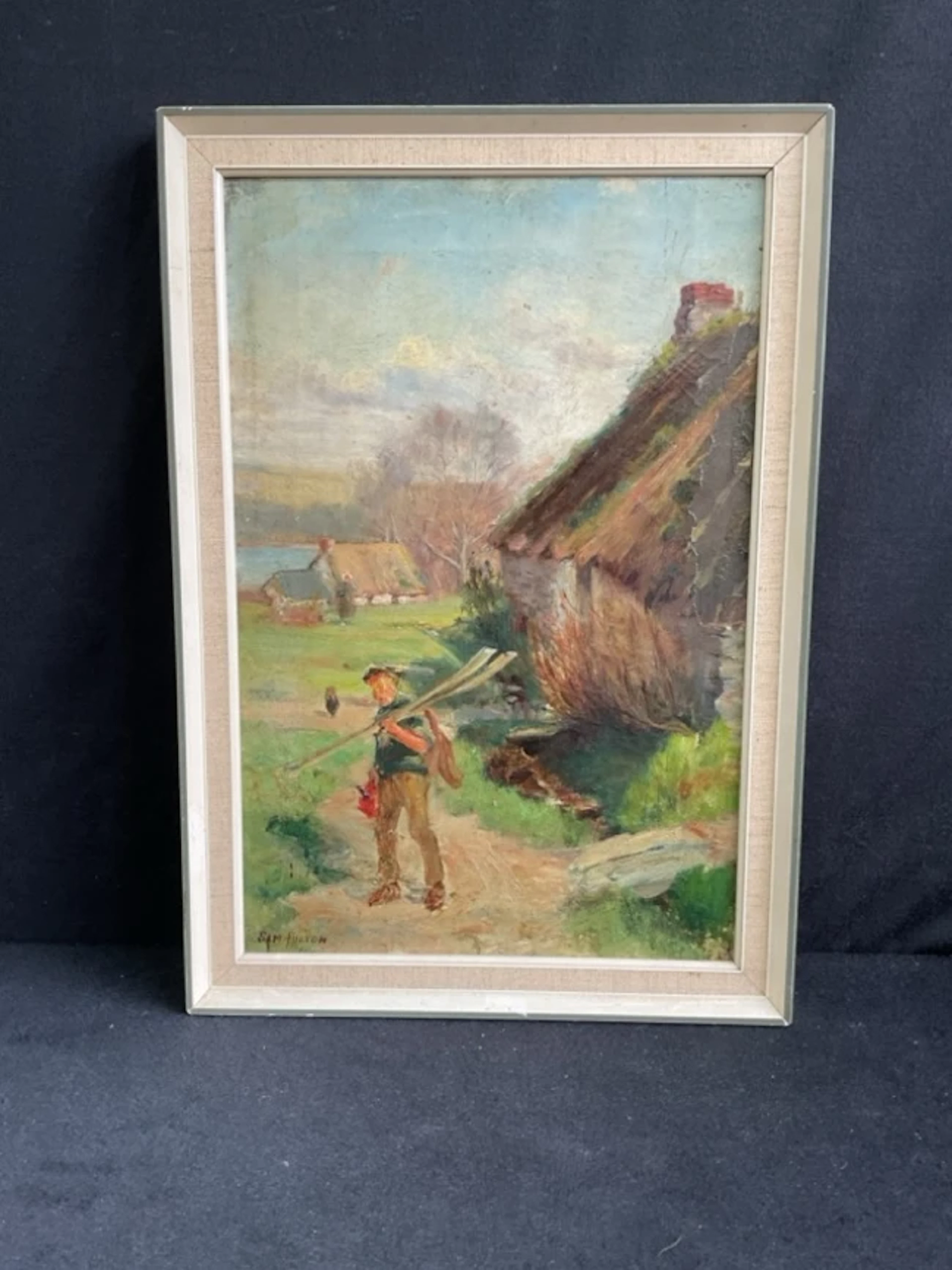 Sam Fulton, oil on canvas, landscape with thatched cottages and a