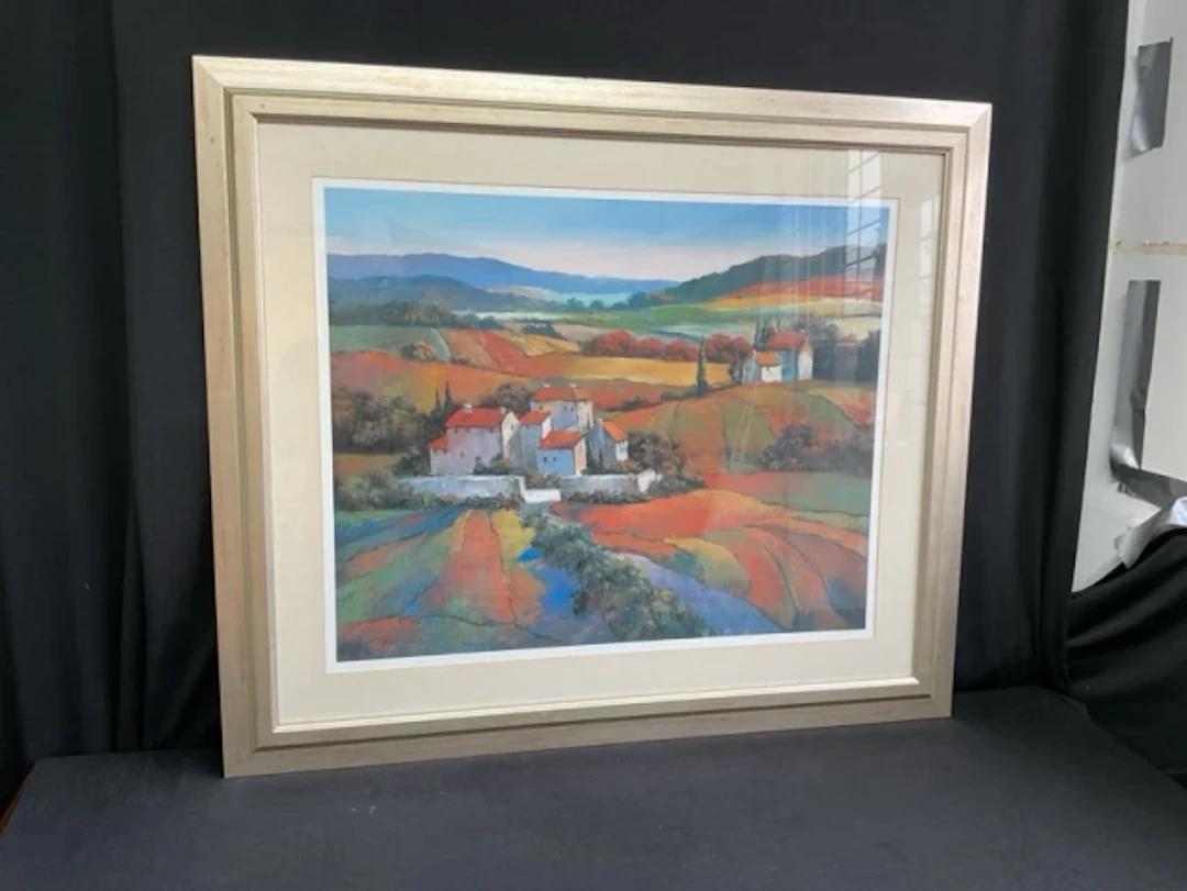 Tom Chunn, coloured print, Italian landscape with whitewashed buildings