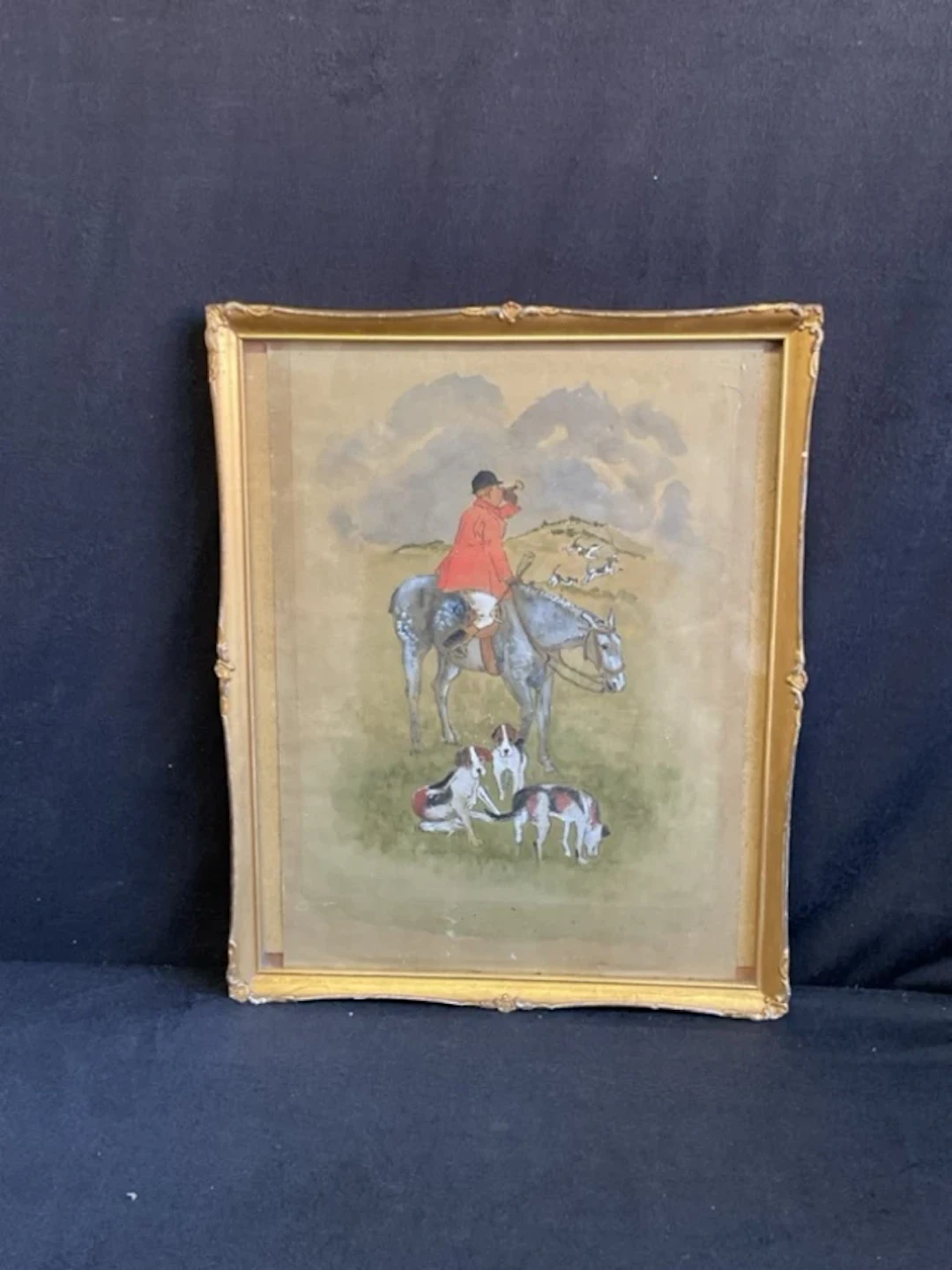 V George, pen, ink & watercolour, mounted huntsman calling the hounds