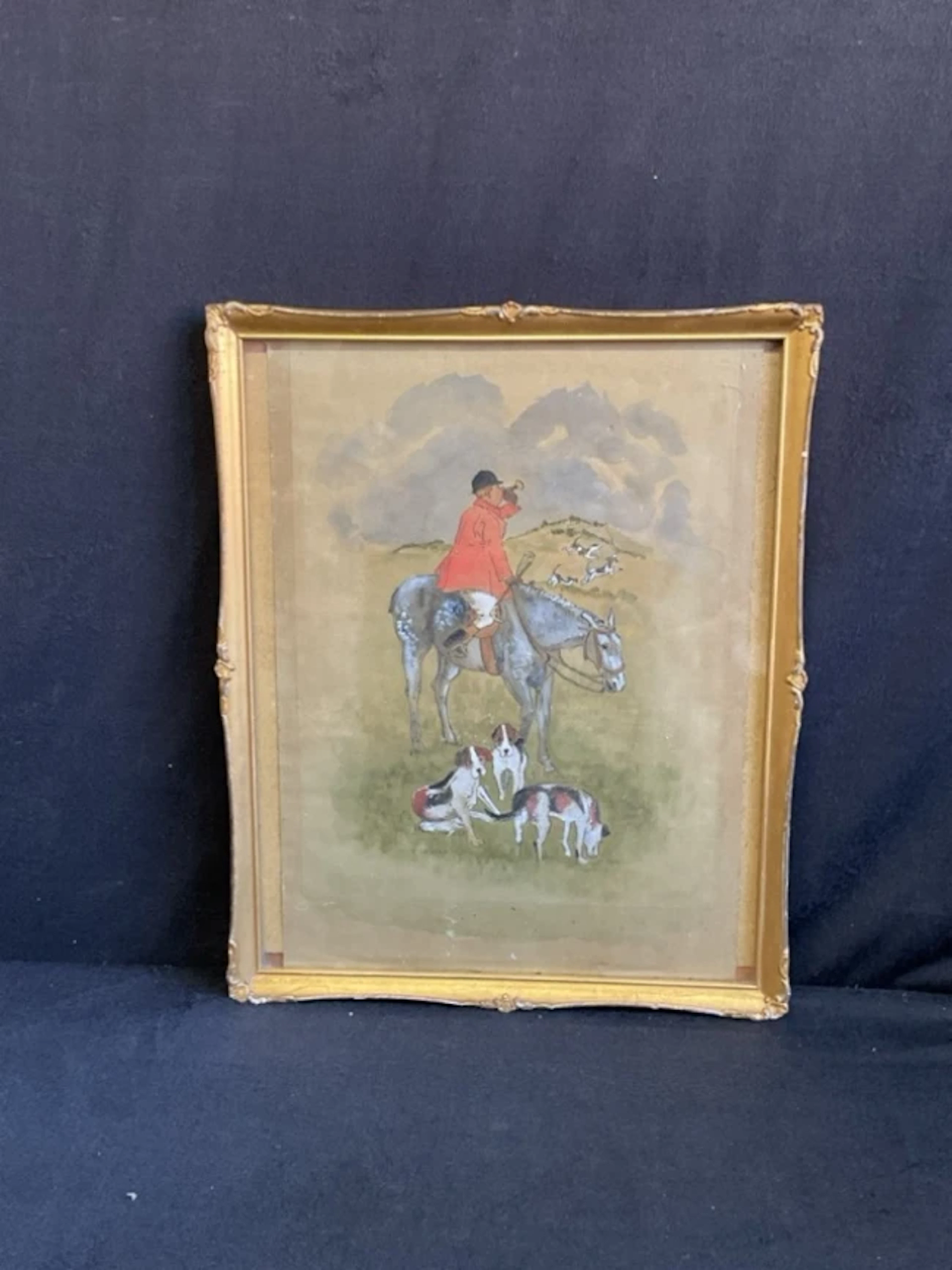 V George, pen, ink & watercolour, mounted huntsman calling the hounds