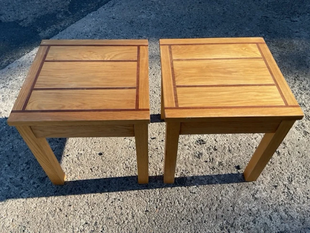 A pair of square cabinetmaker made oak and iroko banded coffee tables