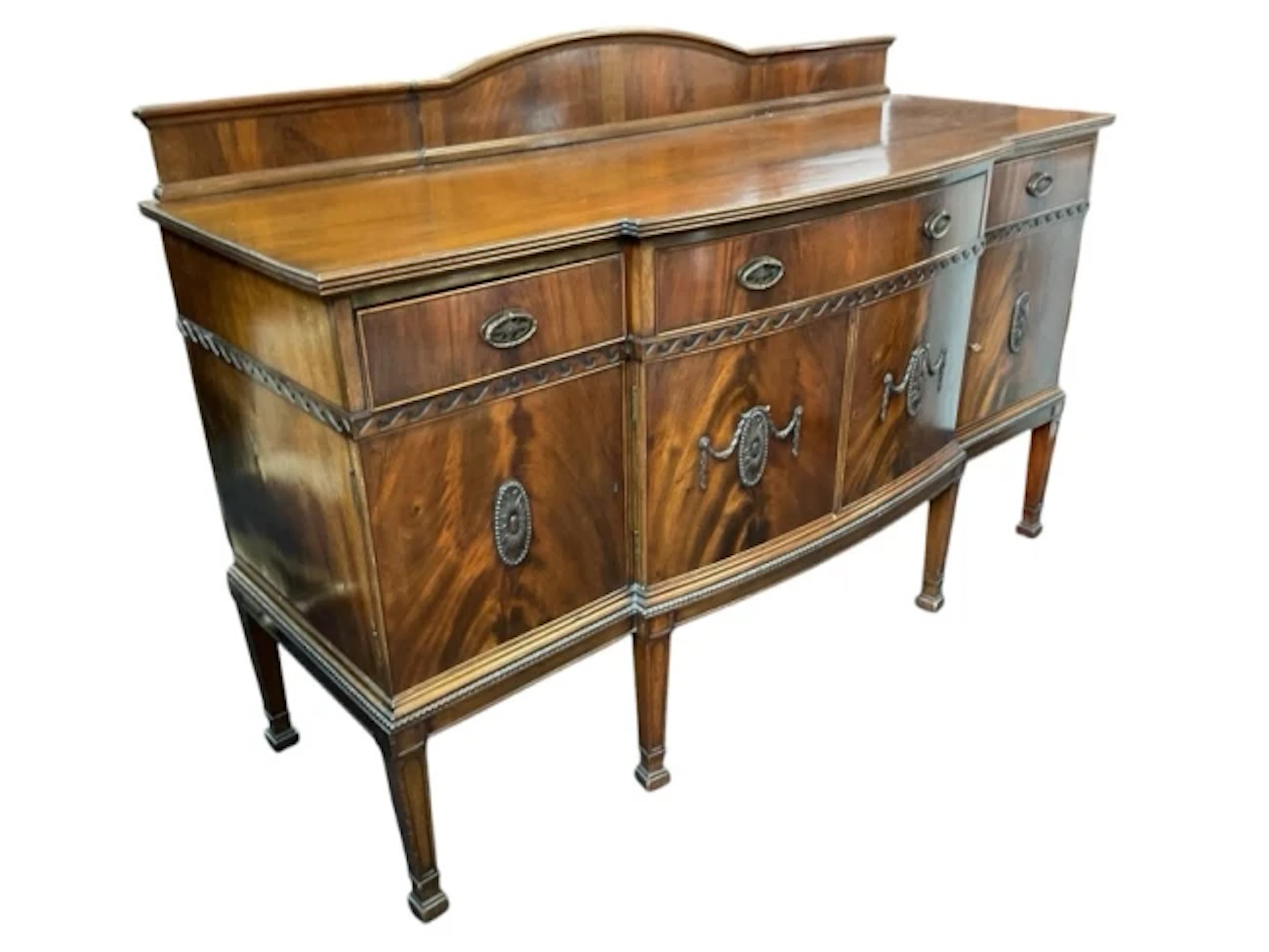 An Adams style bowfronted mahogany sideboard with ribbed edge top