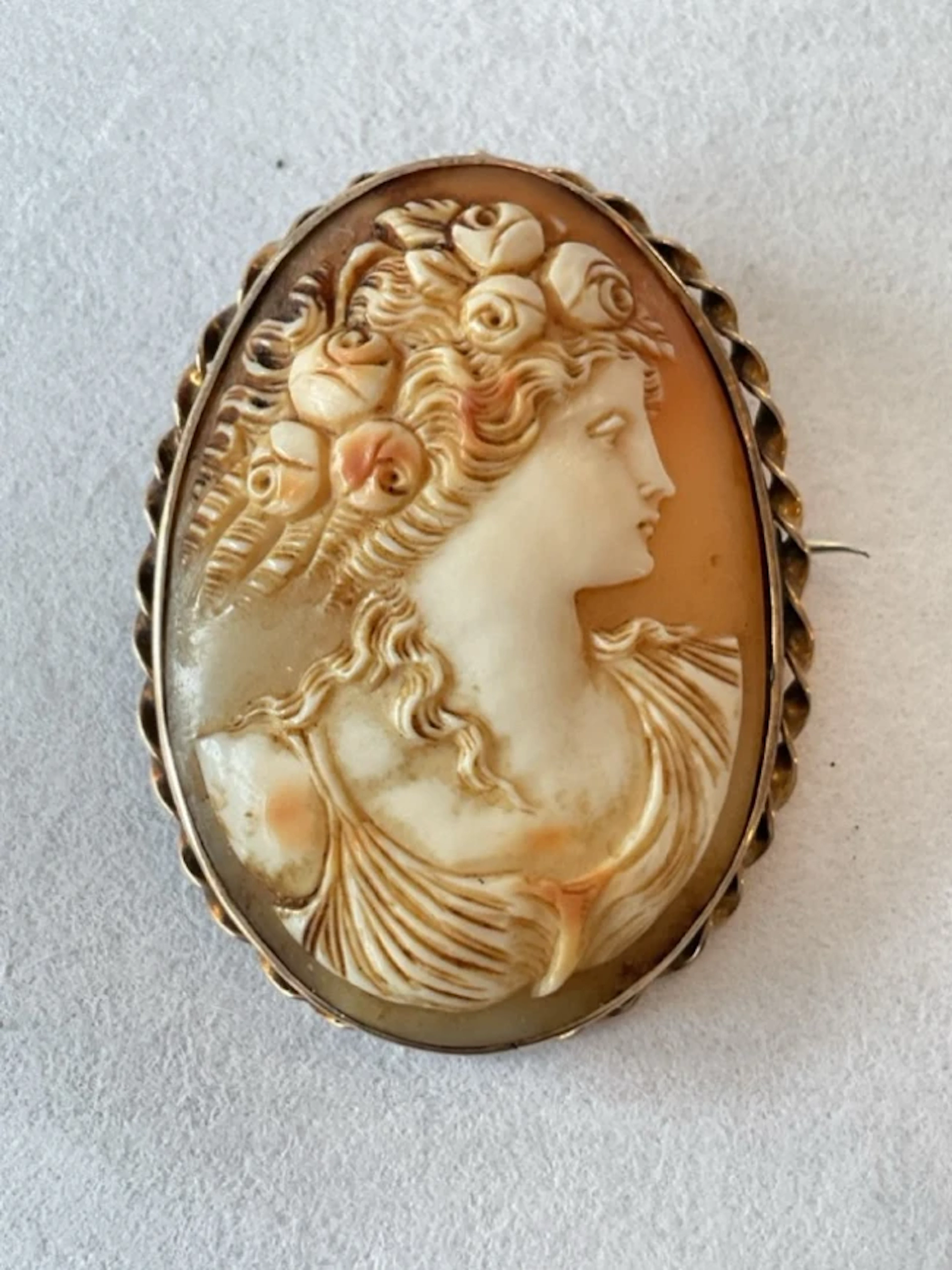An antique shell cameo brooch of a classical lady in profile, mounted