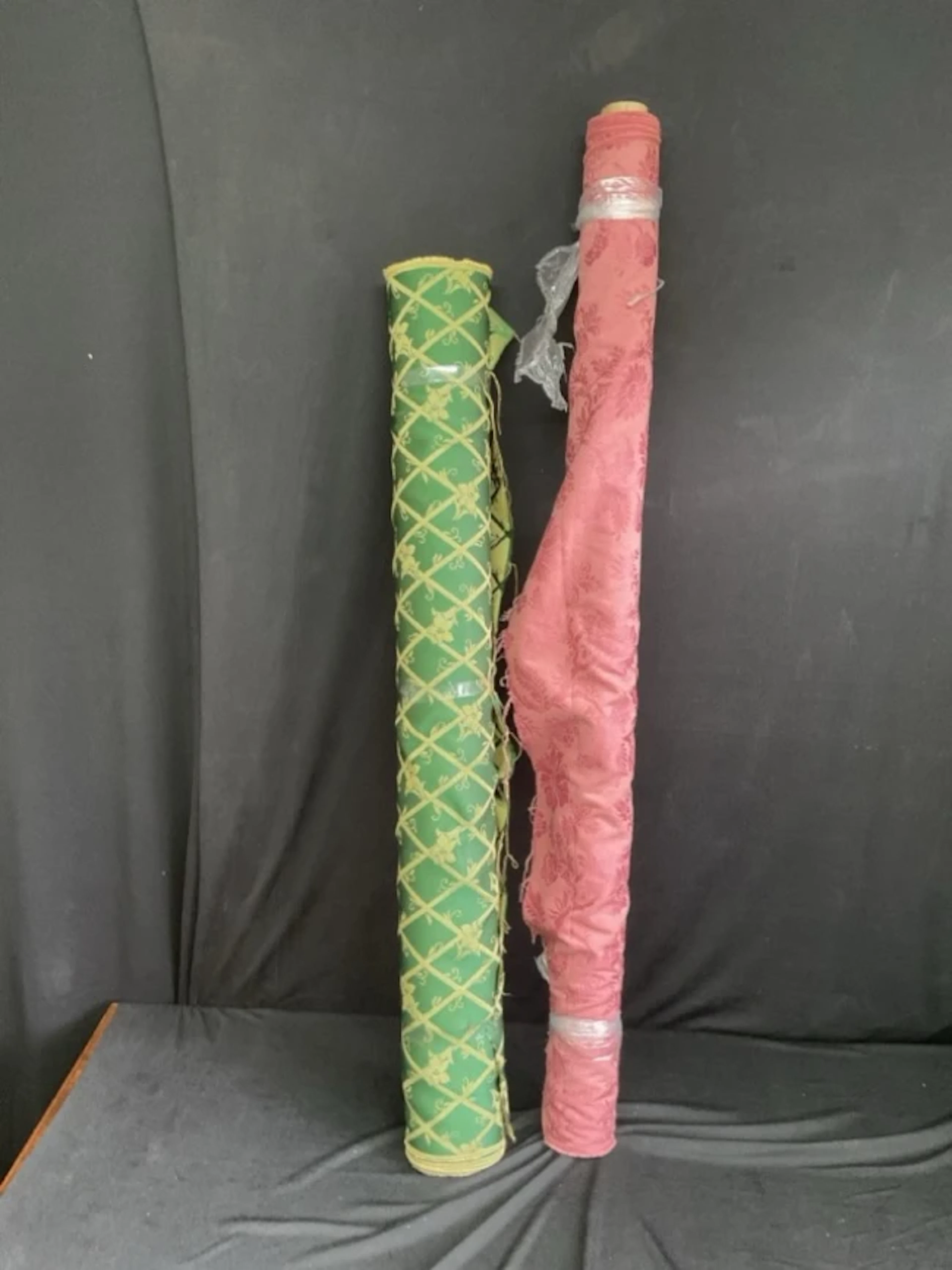 A roll of 49in wide green cotton damask upholstery fabric with jasmine