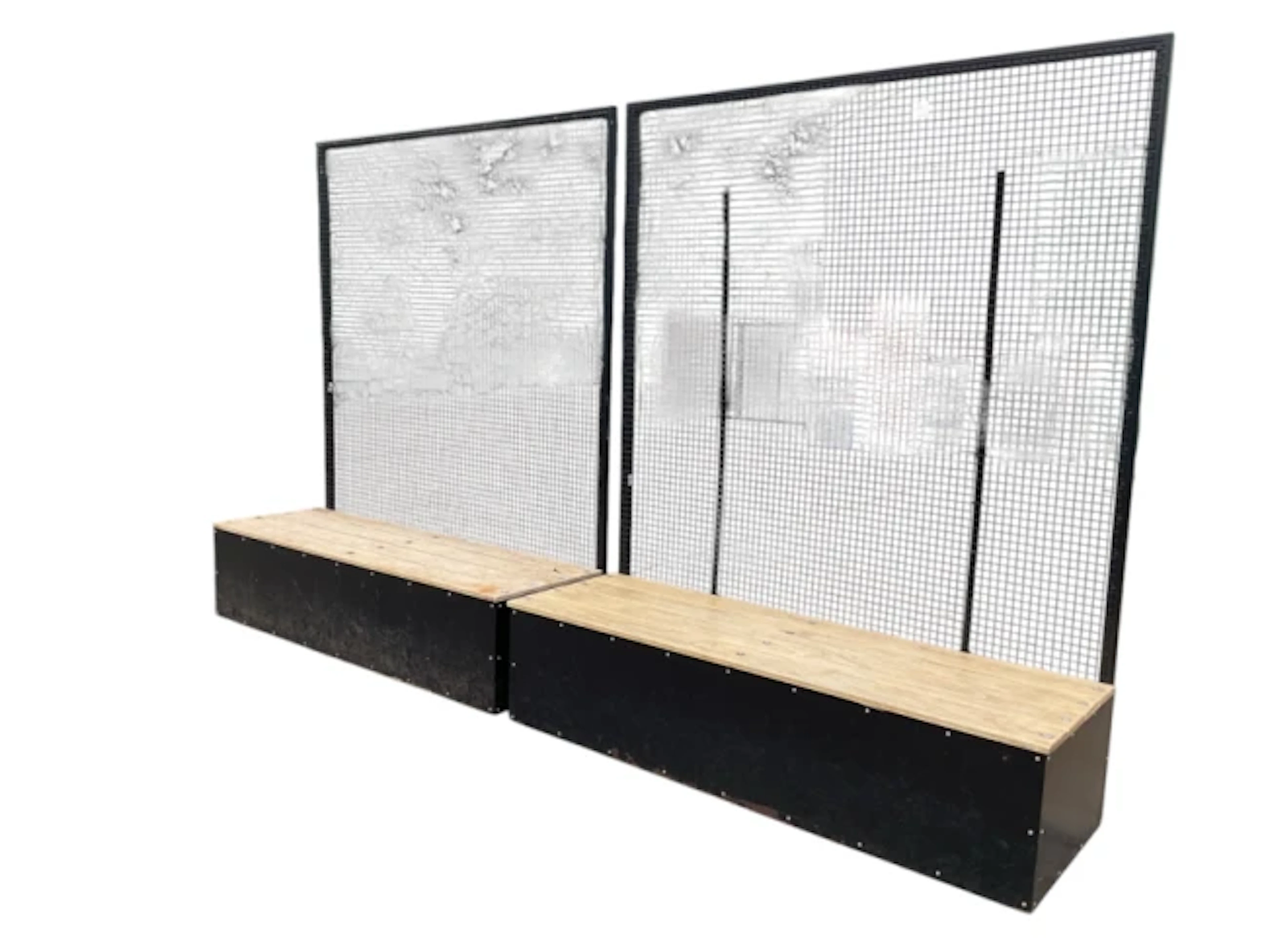 A pair of garden benches with rectangular boarded seats on box frames