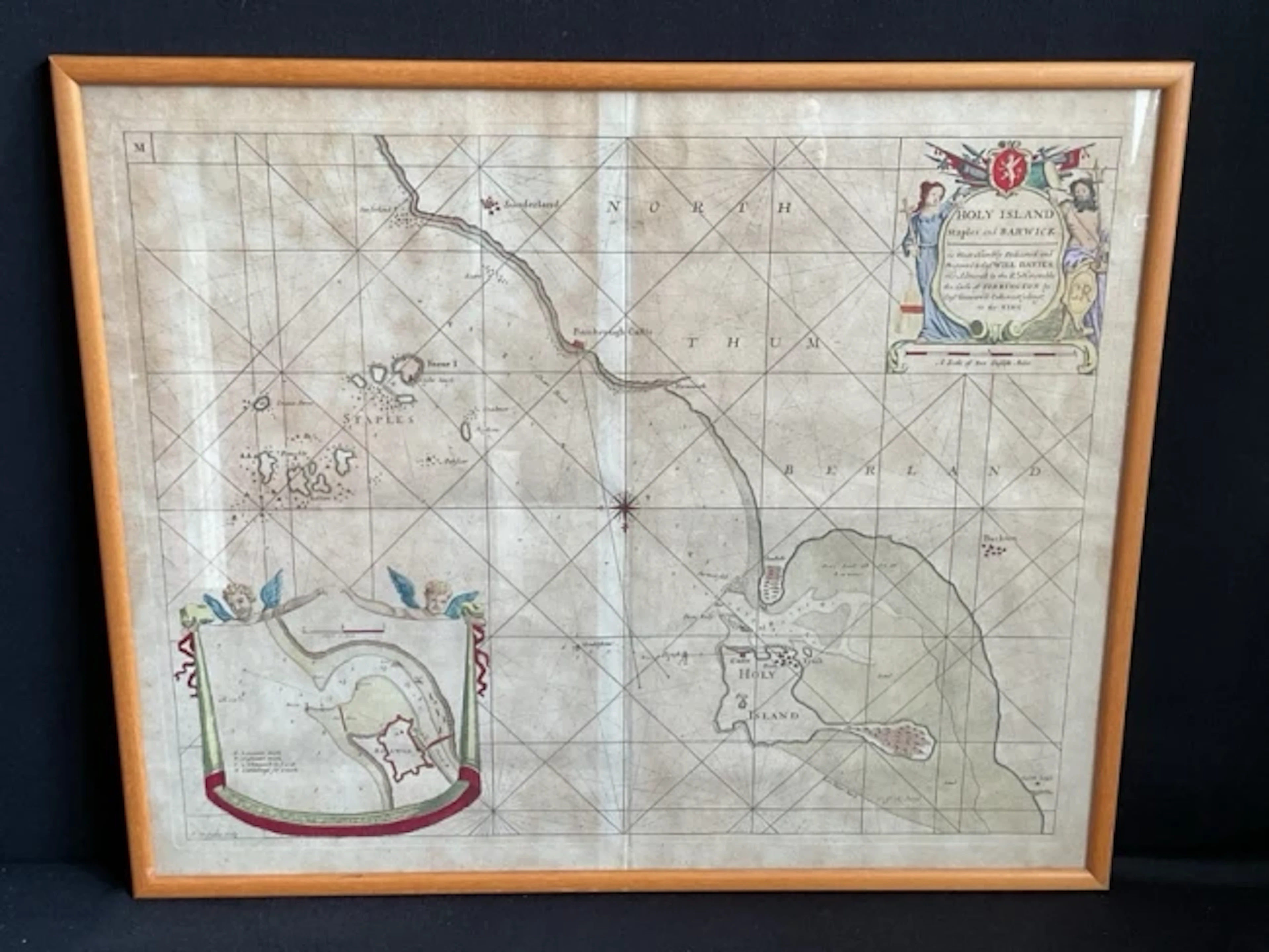 A hand coloured C18th edition of the coastal map of Holy Island, Staples