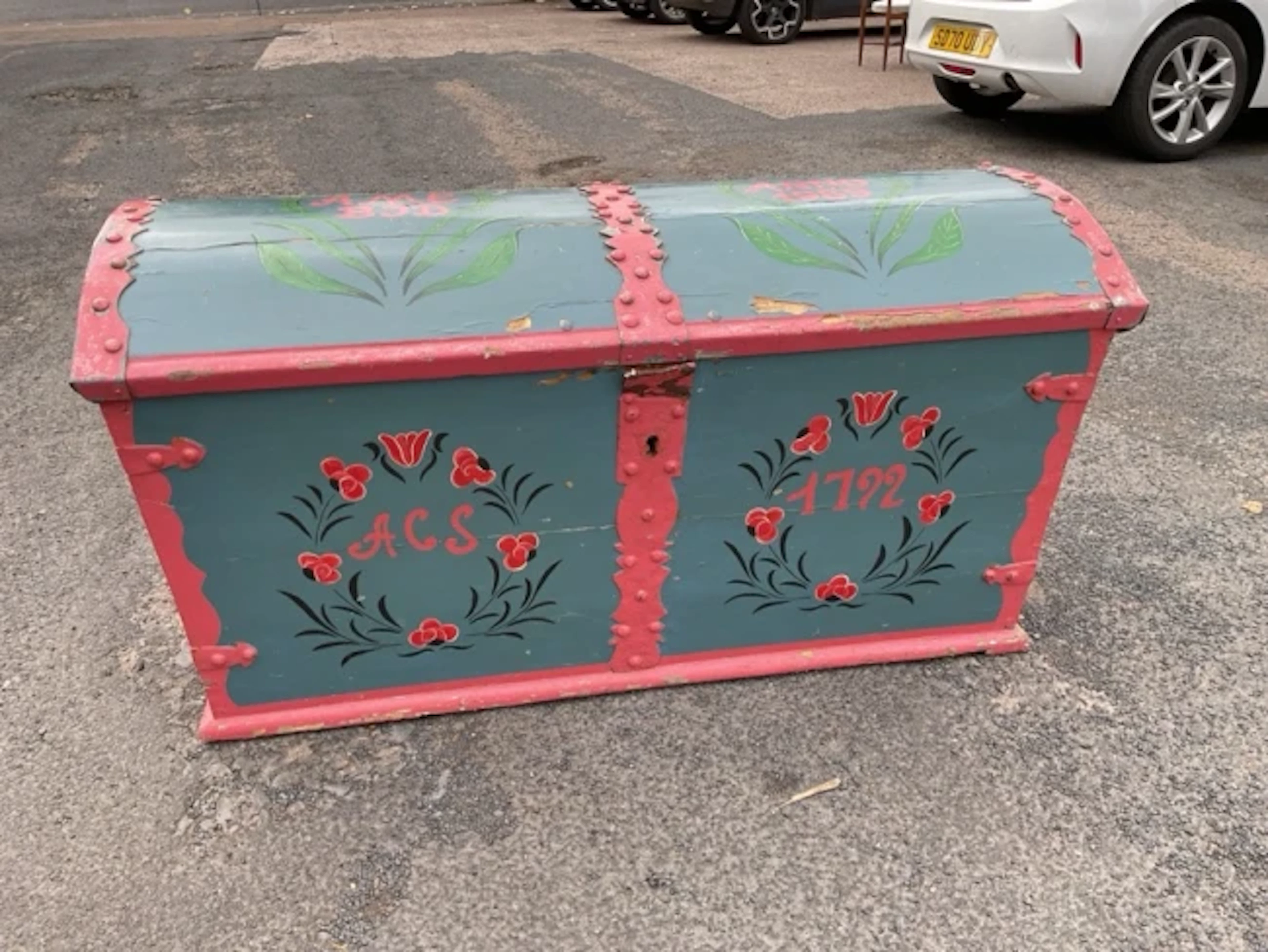 A European pine domed top marriage chest with later painted decoration