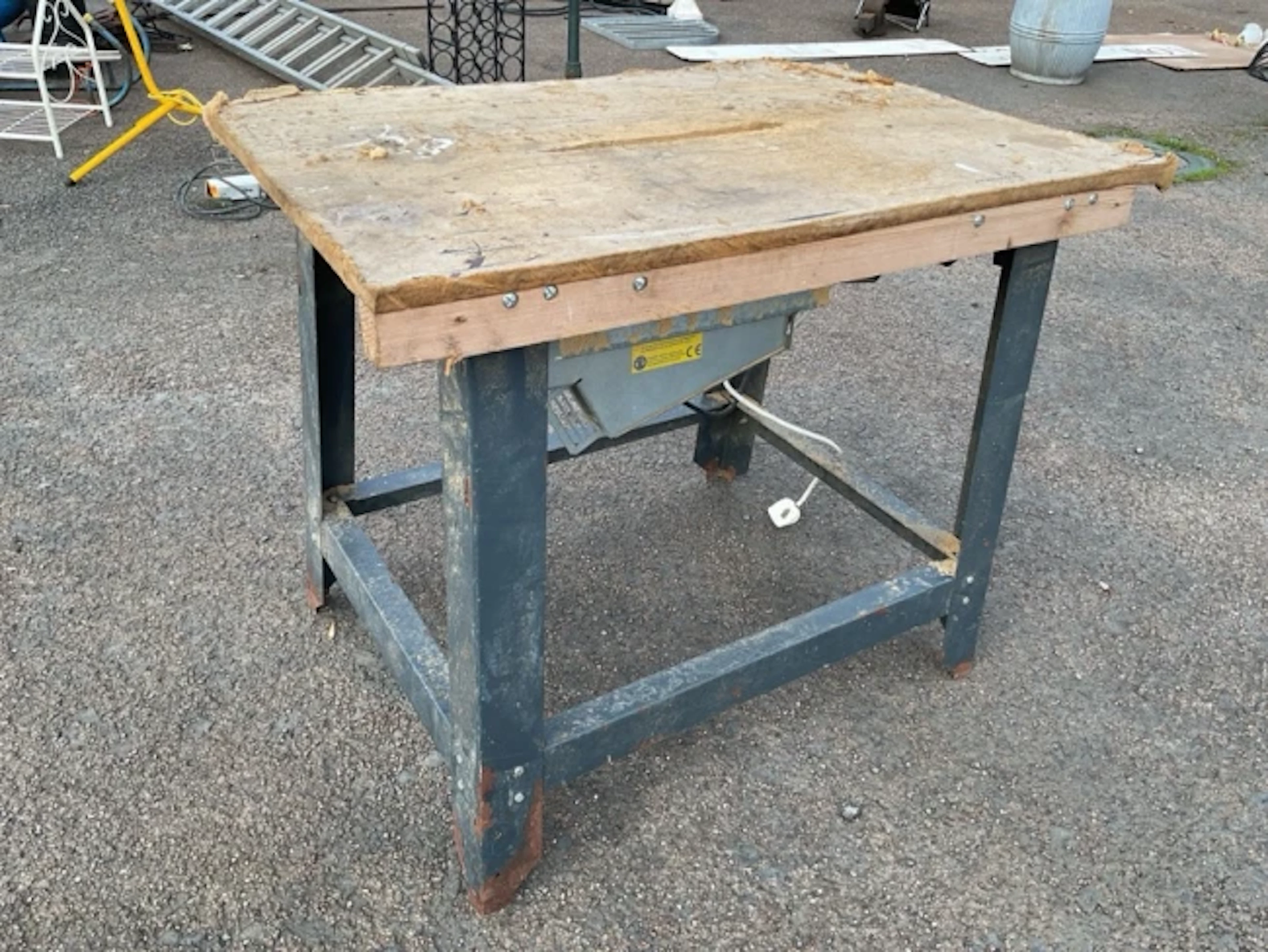 A German Eurocut sawbench on substantial angleiron type stand, with