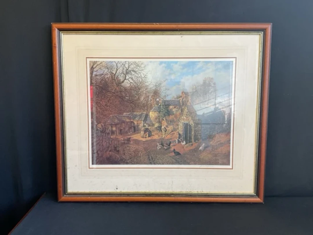 James McIntosh Patrick, coloured print, stone built buildings among
