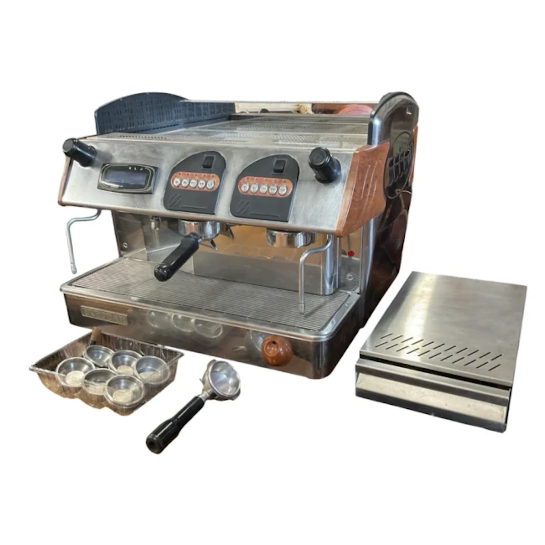 A Expobar commercial coffee machine, with stainless steel knock box