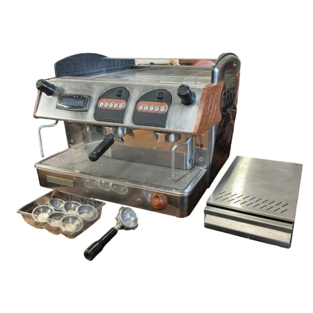 A Expobar commercial coffee machine, with stainless steel knock box