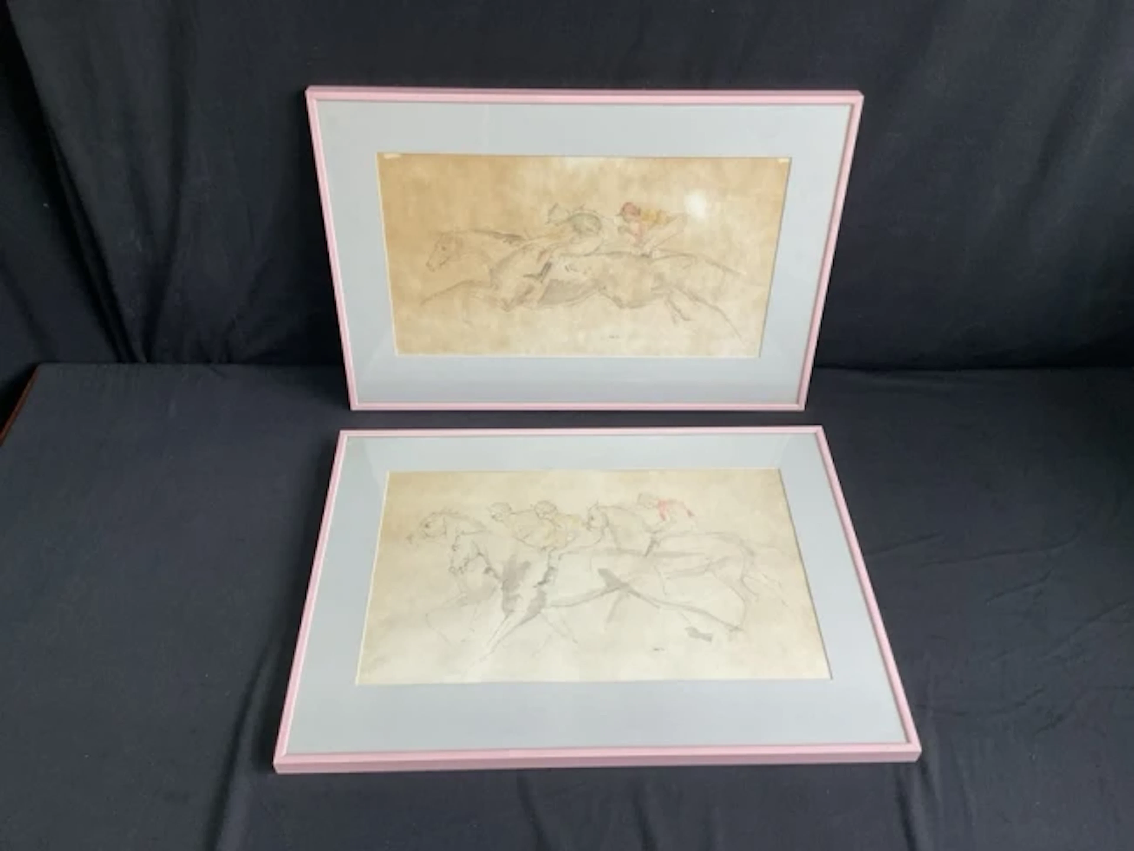 TDR, pen & ink with watercolour wash, study of racing jockeys & horses