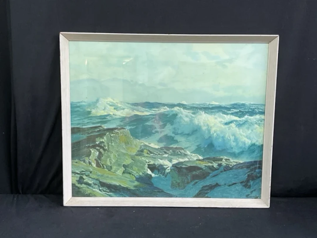 Frederick I Waugh, coloured print seascape with rocks and rough seas