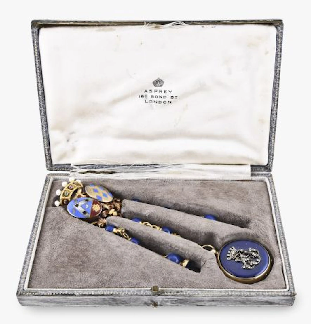 A ladys gold and lapis lazuli chatelaine and pendant watch retailed