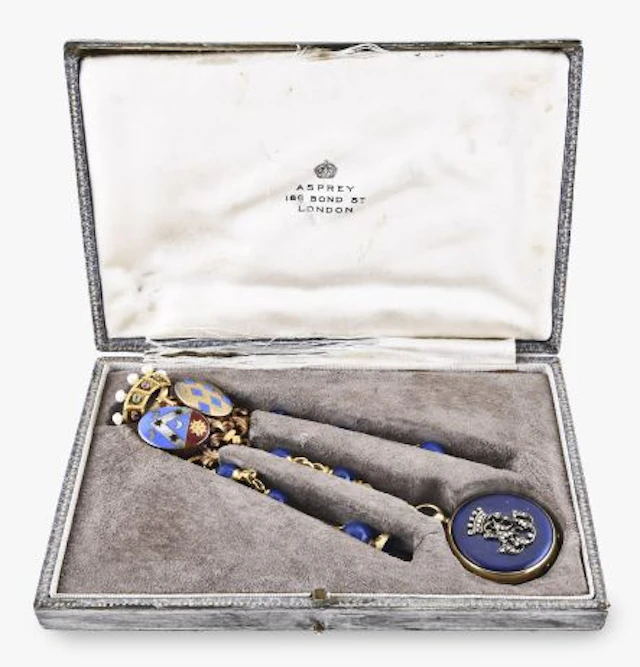 A ladys gold and lapis lazuli chatelaine and pendant watch retailed