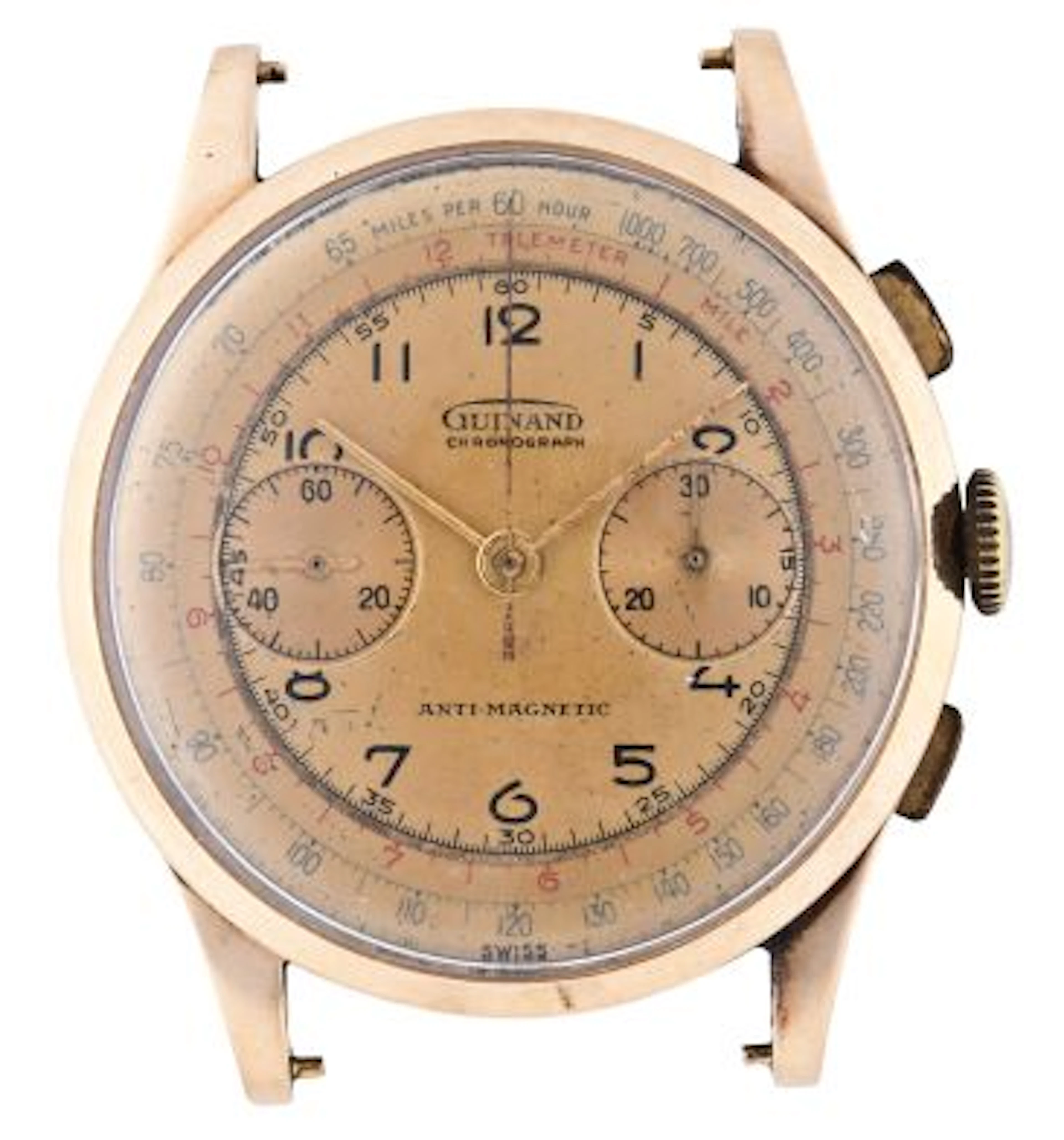 A large mid 20th century gold wrist chronograph by Guinand