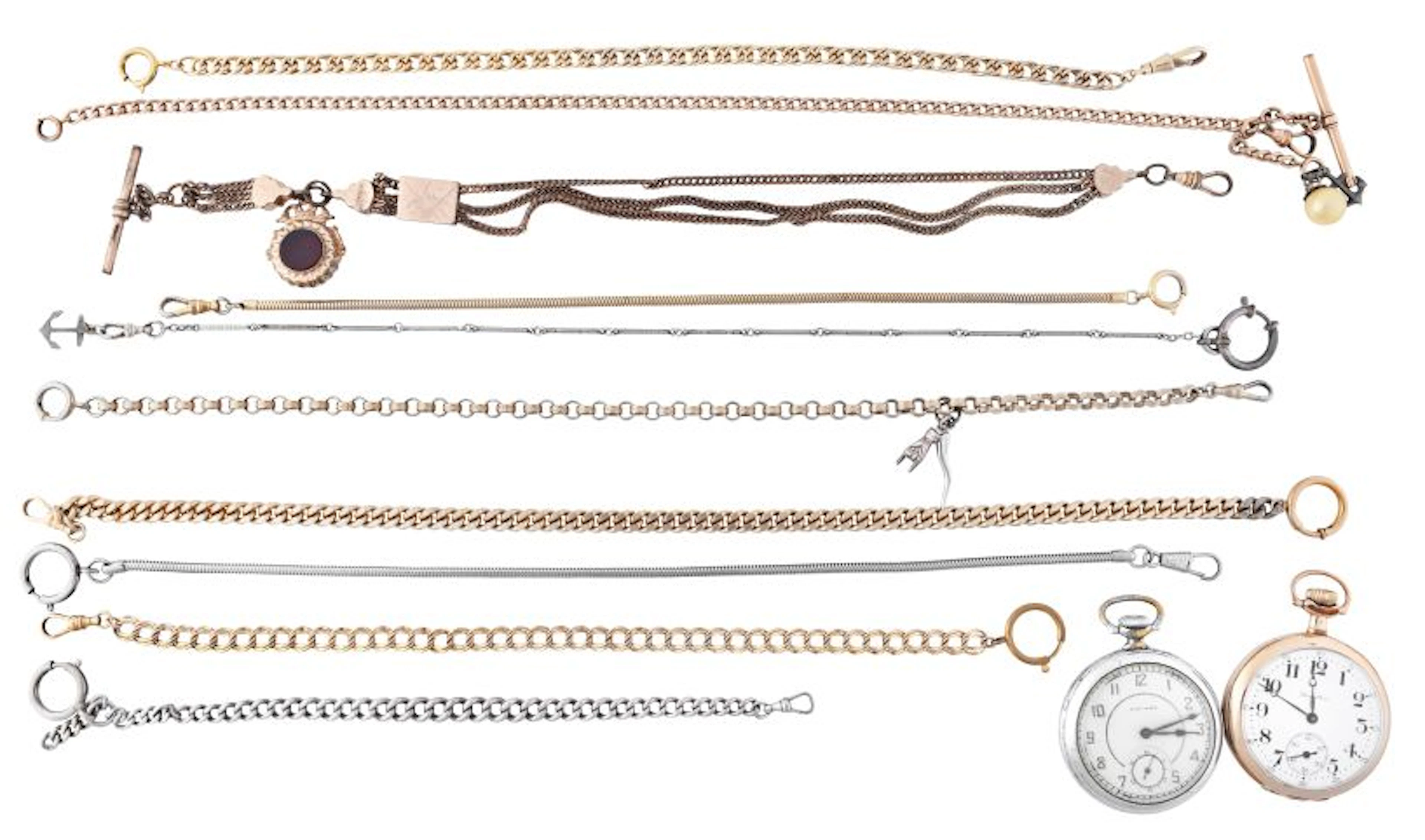A lot of watch chains and two pocket watches