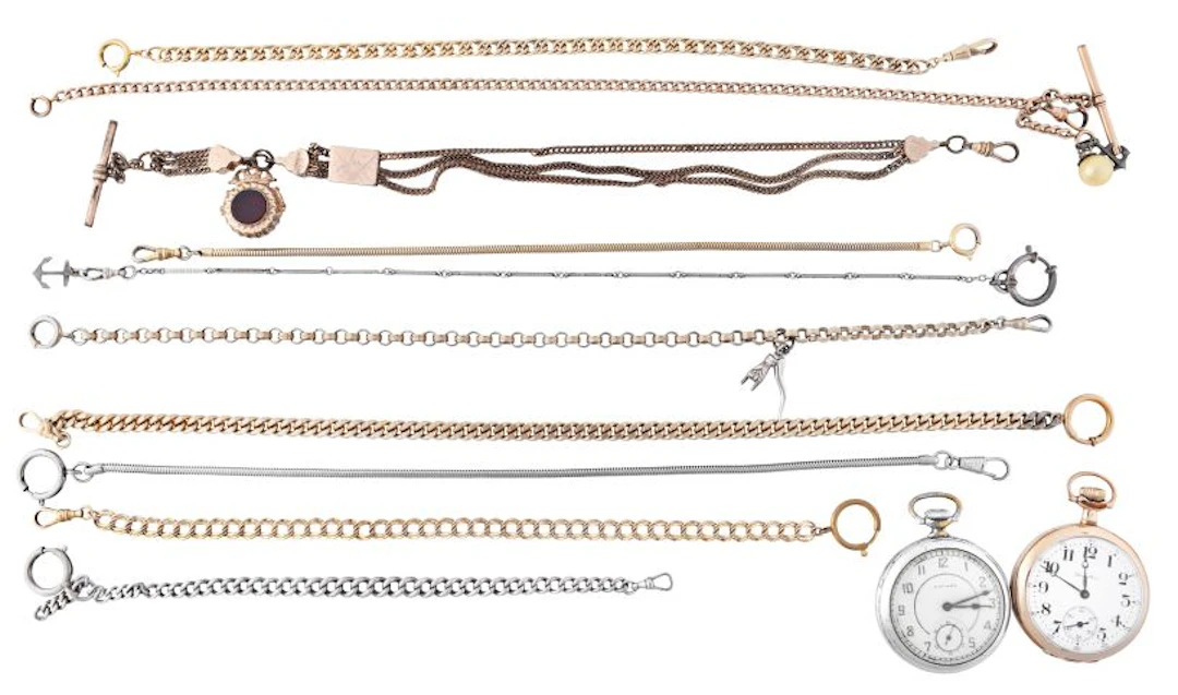 A lot of watch chains and two pocket watches