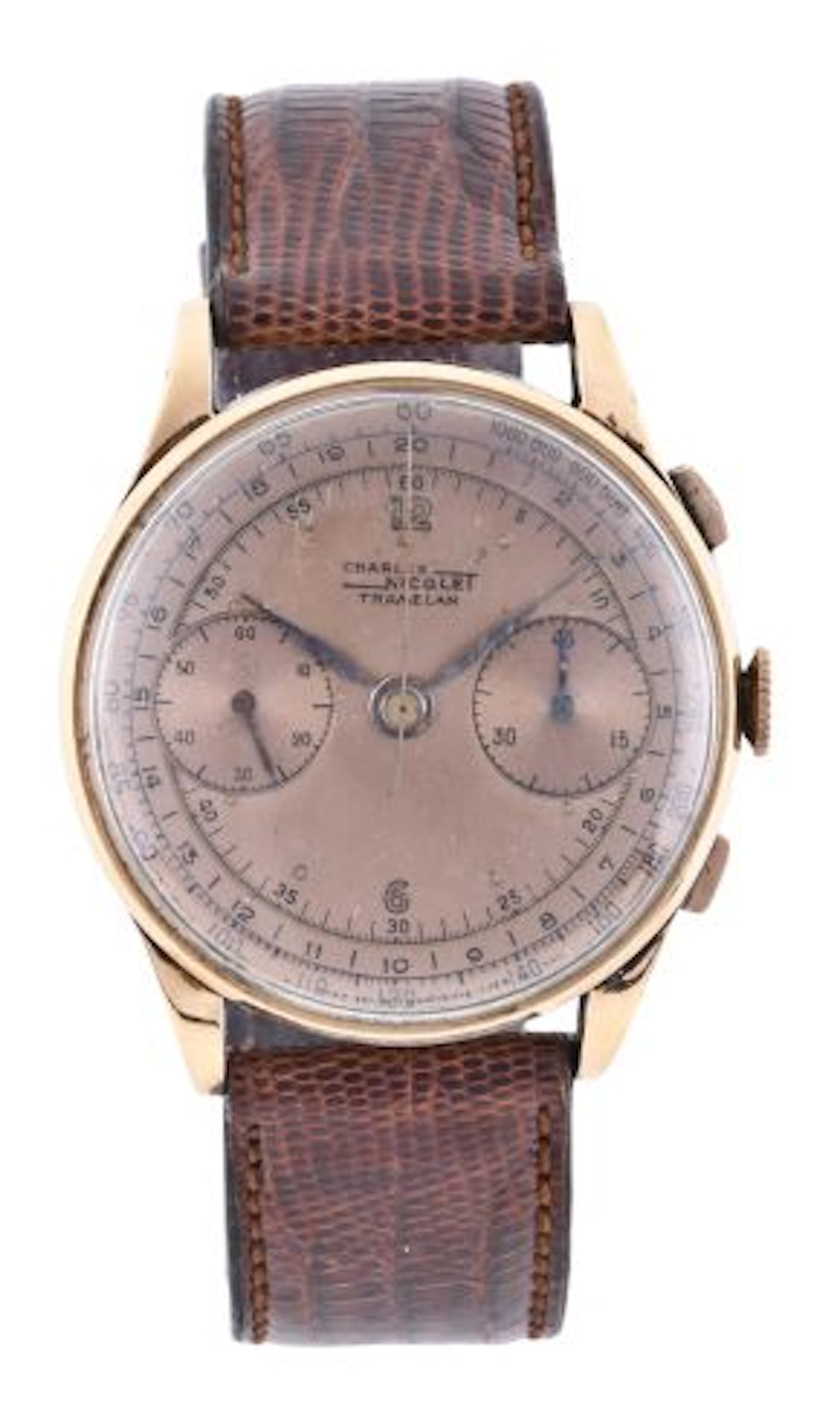 A large mid 20th century gold wrist chronograph by Nicolet