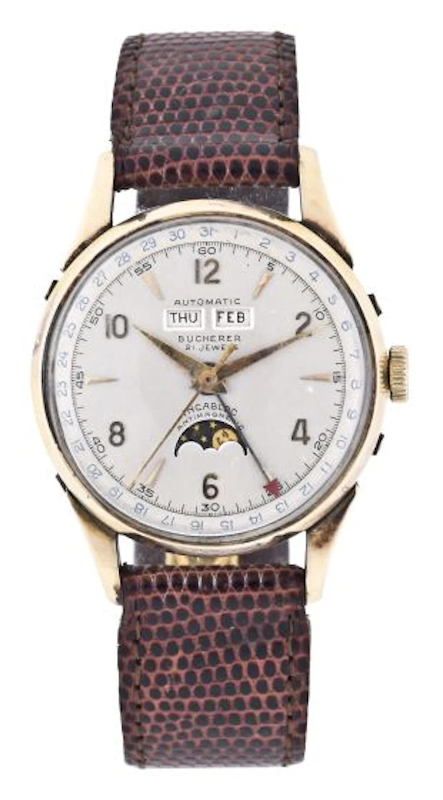 A mid 20th century Bucherer wrist watch with calendar and moon phase functions