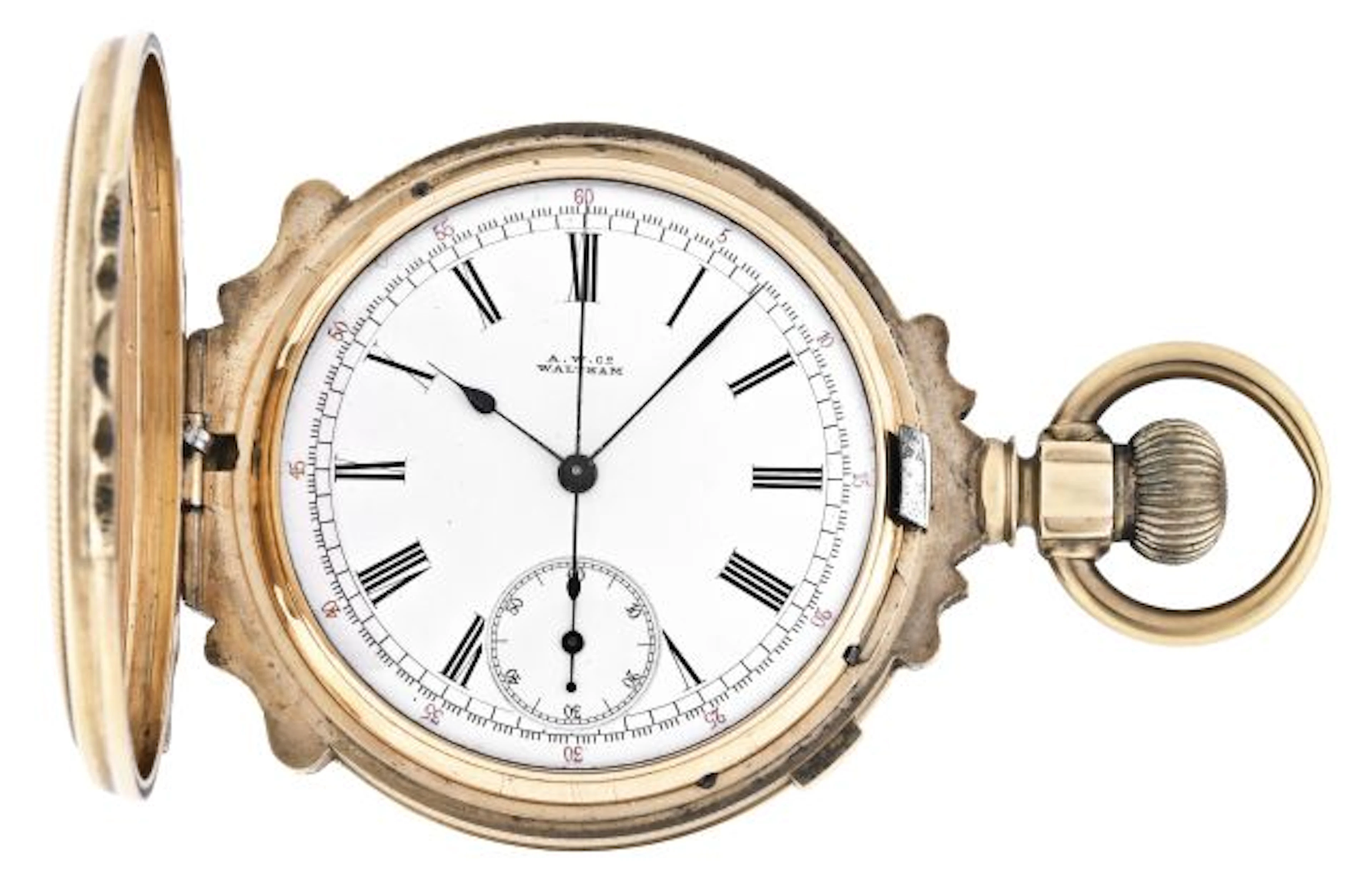 A late 19th century gold Waltham pocket chronograph