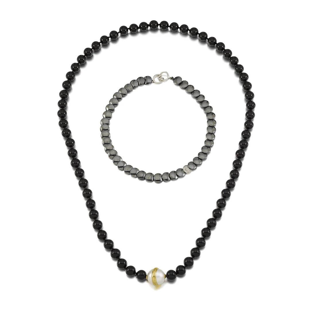 Onyx and Mabè Pearl Sautoir and Hematite and Diamond Necklace, 'Lentil'