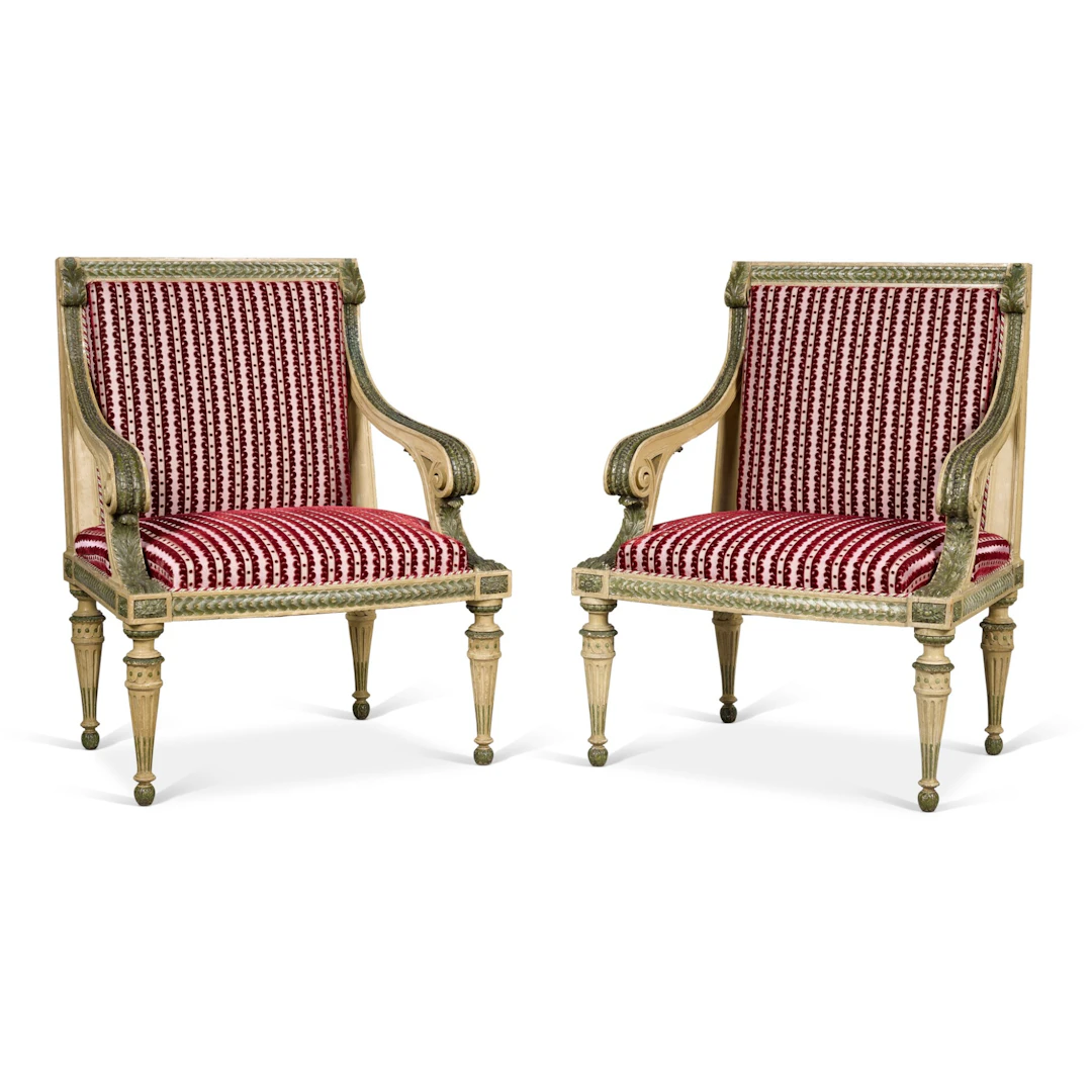 A pair of North Italian green and white painted armchairs, Milan