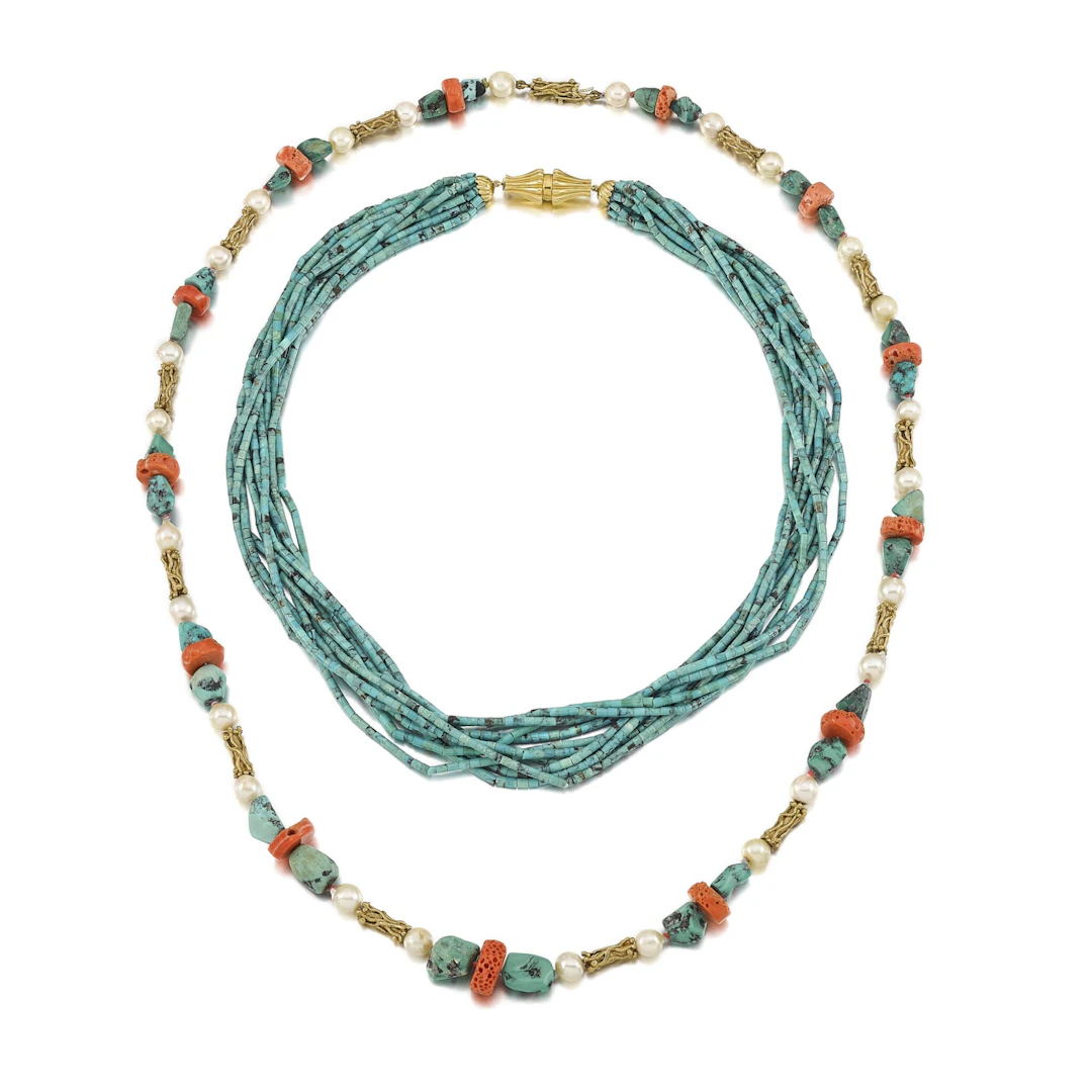 Two Turquoise, Cultured Pearl and Coral Necklaces