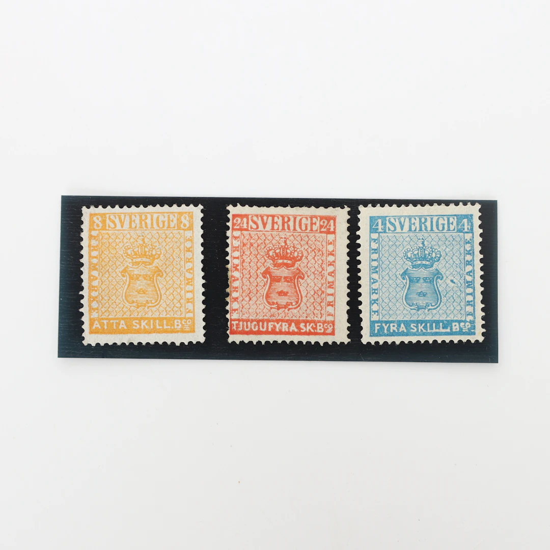FRIMÄRKEN 4-, 8-, & 24 SKILLING BANCO, 1:a eftertryck 1868, ostämplade