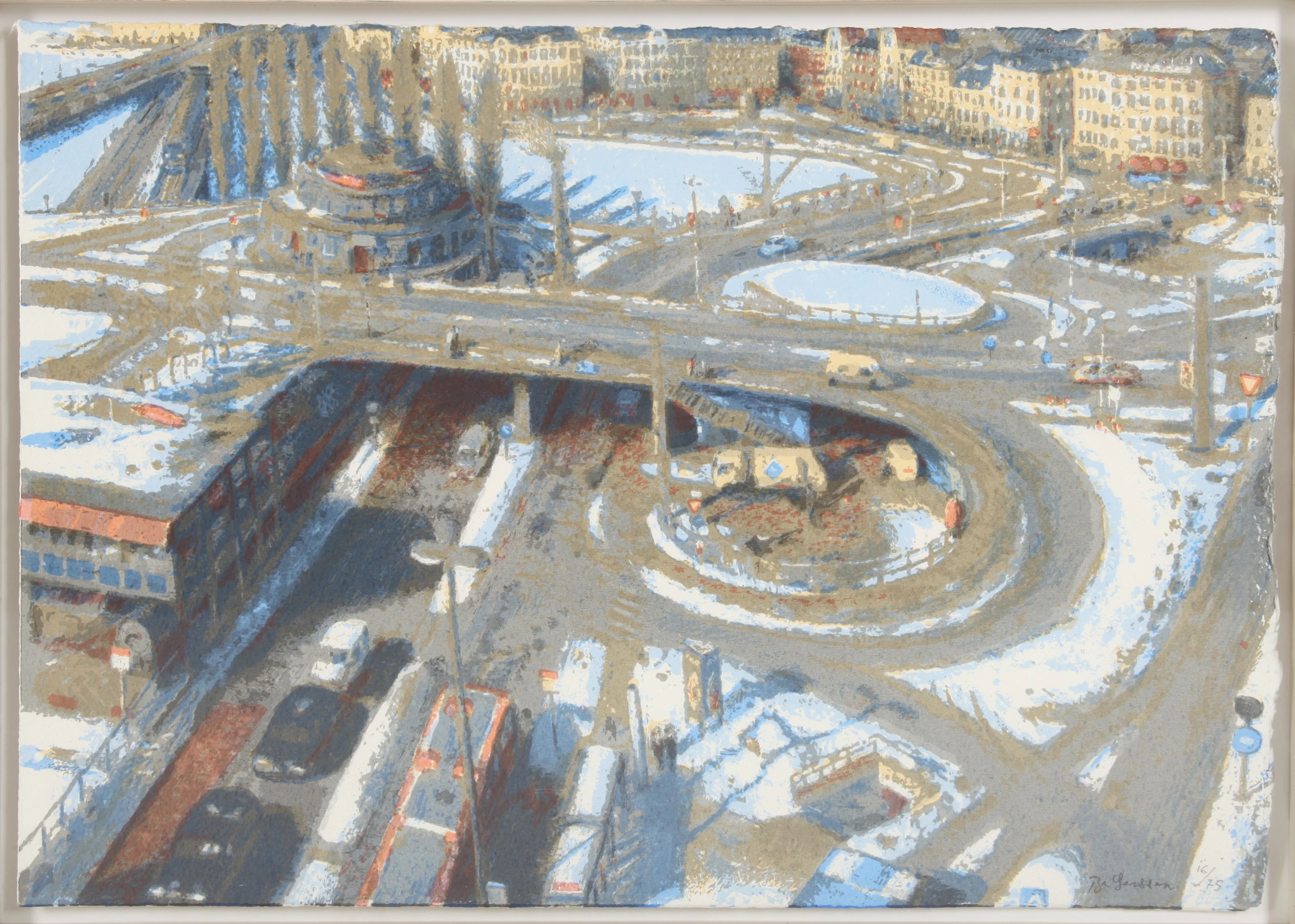 BO LARSSON. f 1945. Färglitografi, Slussen, Stockholm, signerad.