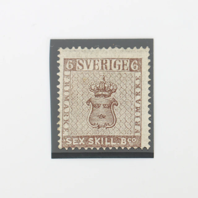 FRIMÄRKE 6 SKILLING BANCO, 1:a eftertryck 1868, ostämplat, med prövningsbevis