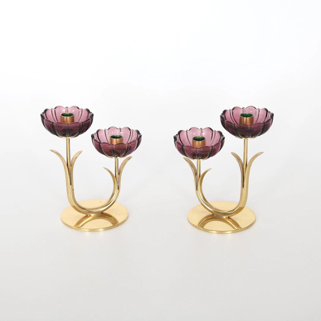 GUNNAR ANDER. 1908-1976. Ljusstakar, 1 par, Mässing och glas, Ystad Metall.