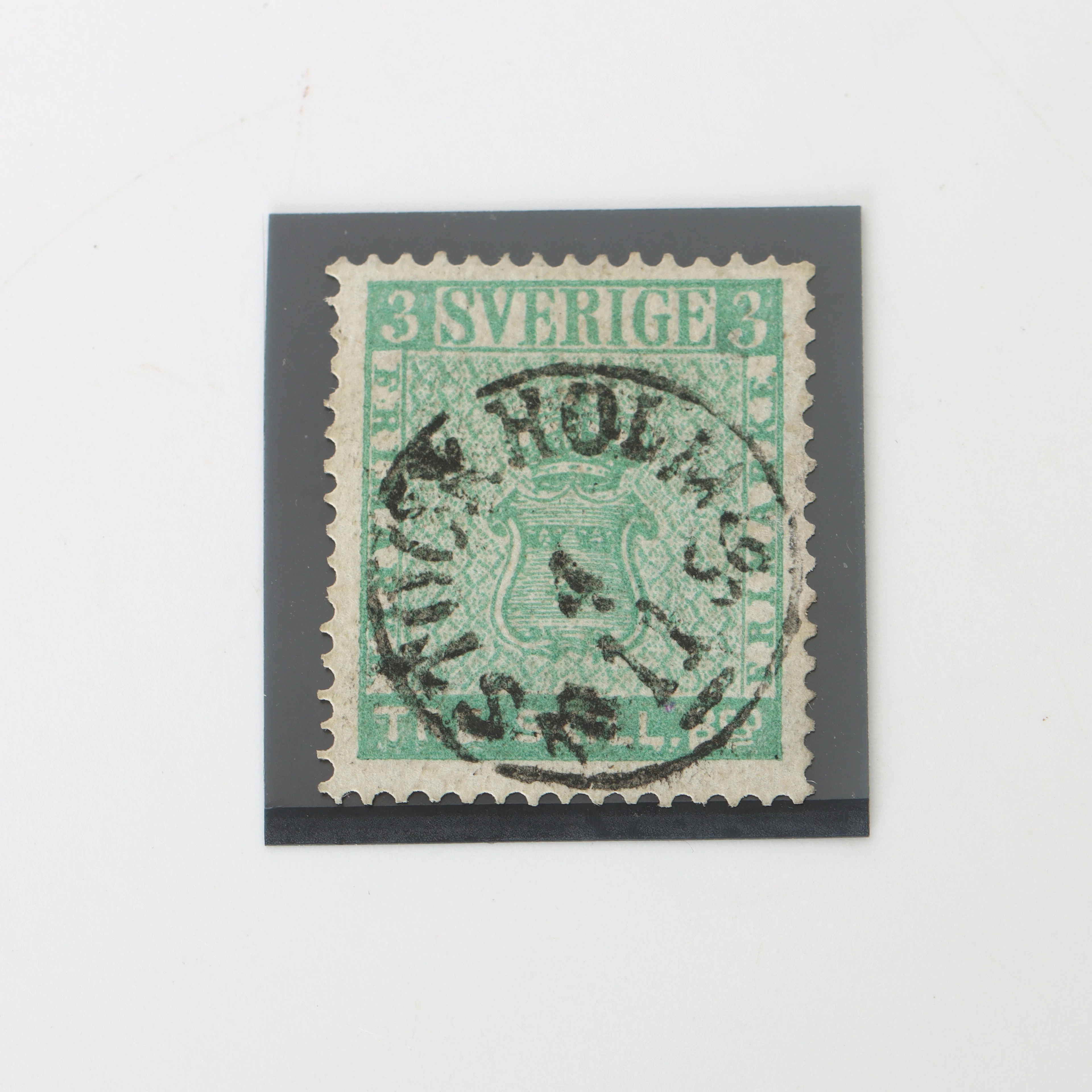 FRIMÄRKE 3 SKILLING BANCO, 1:a eftertryck 1868, stämplat Stockholm 56.