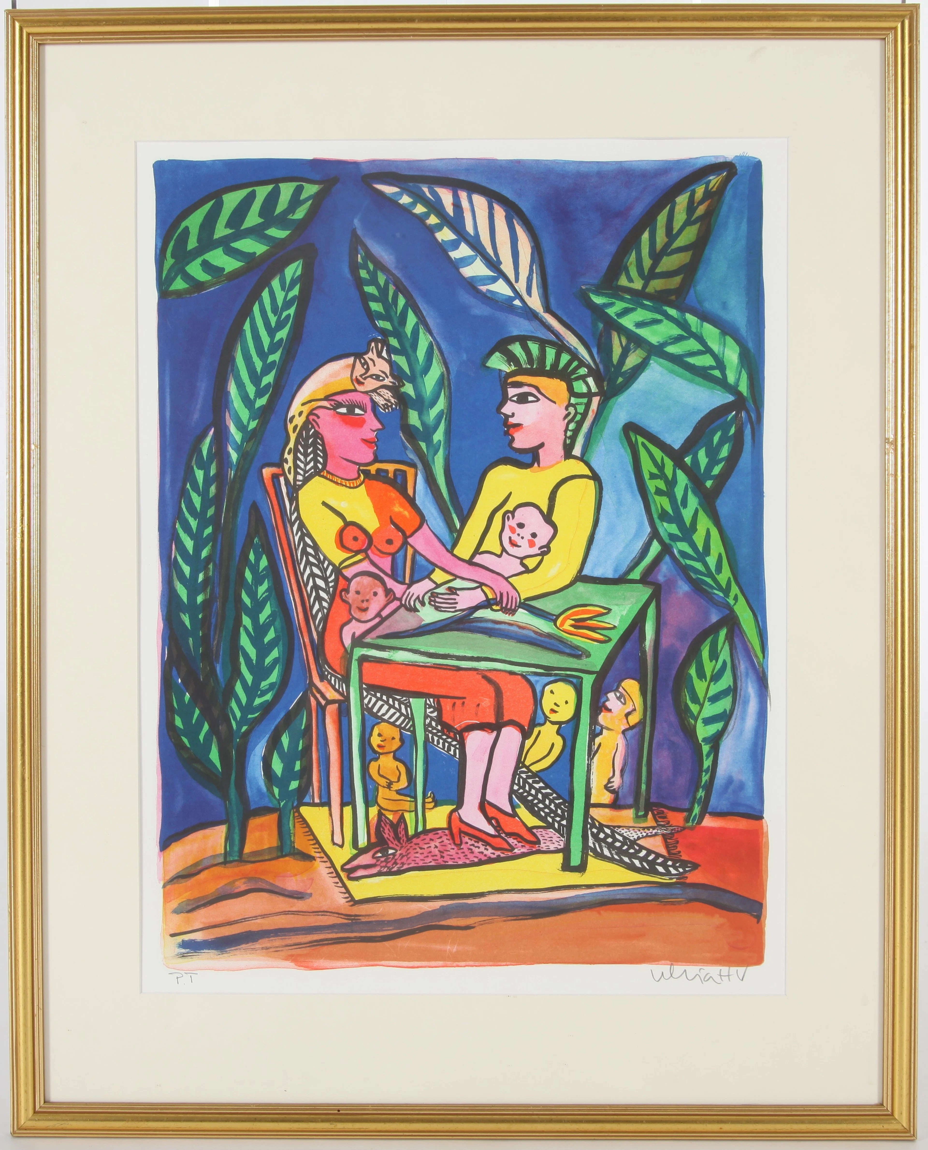 ULRICA HYDMAN-VALLIEN. 1938-2018. Färglitografi "Familjebild", signerad P.T.