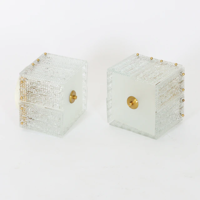 CARL FAGERLUND. 1915-2011. Taklampor, 2 st, glas och mässing, Orrefors