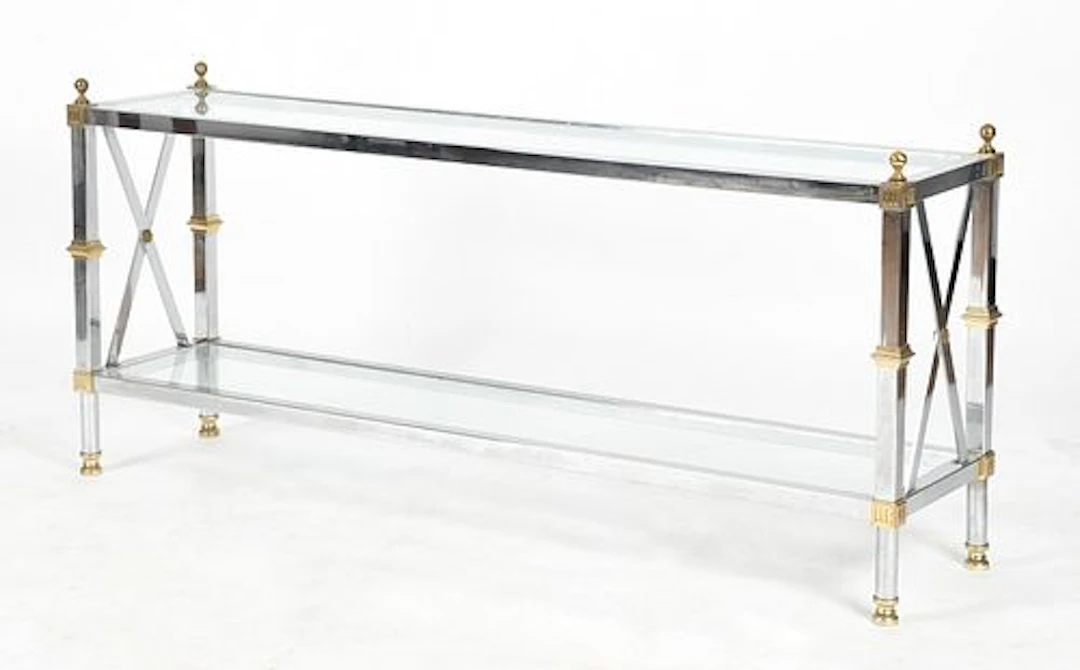 A Chrome, Brass, and Glass-Top Two-Tier Console Table, Manner of Jansen