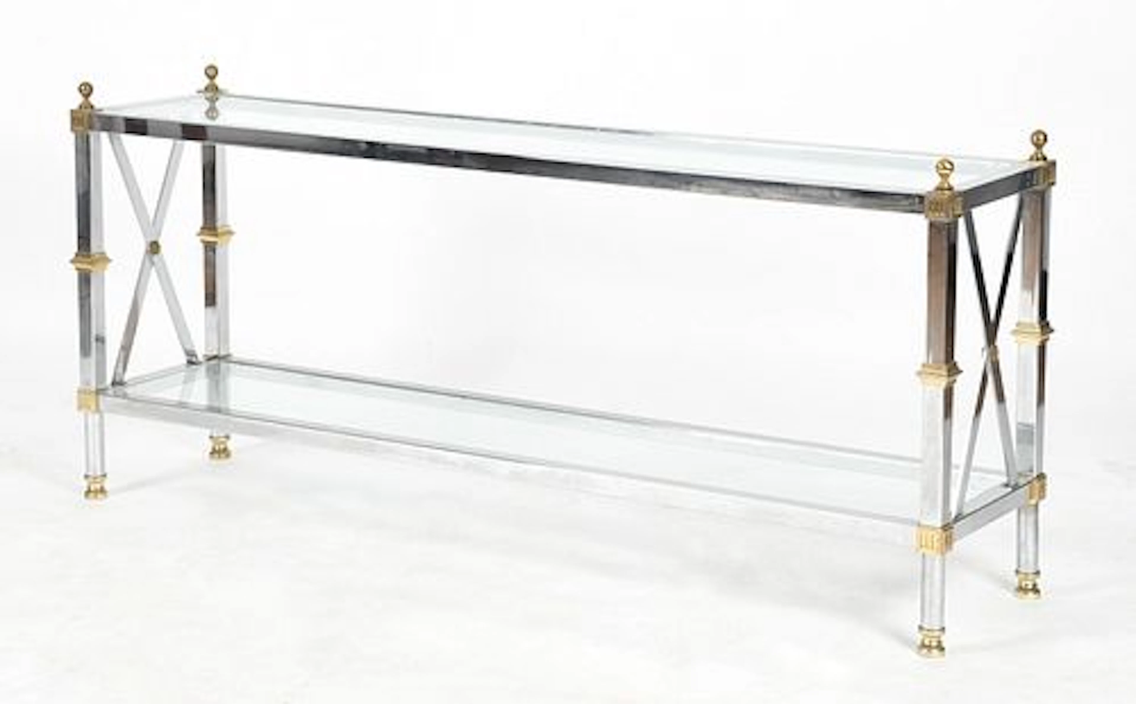 A Chrome, Brass, and Glass-Top Two-Tier Console Table, Manner of Jansen