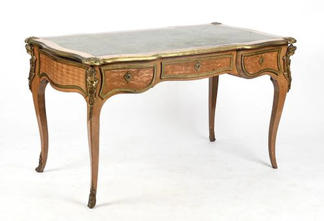 A Louis XV-Style Ormolu-Mounted Walnut and Parquetry-Veneered Writing